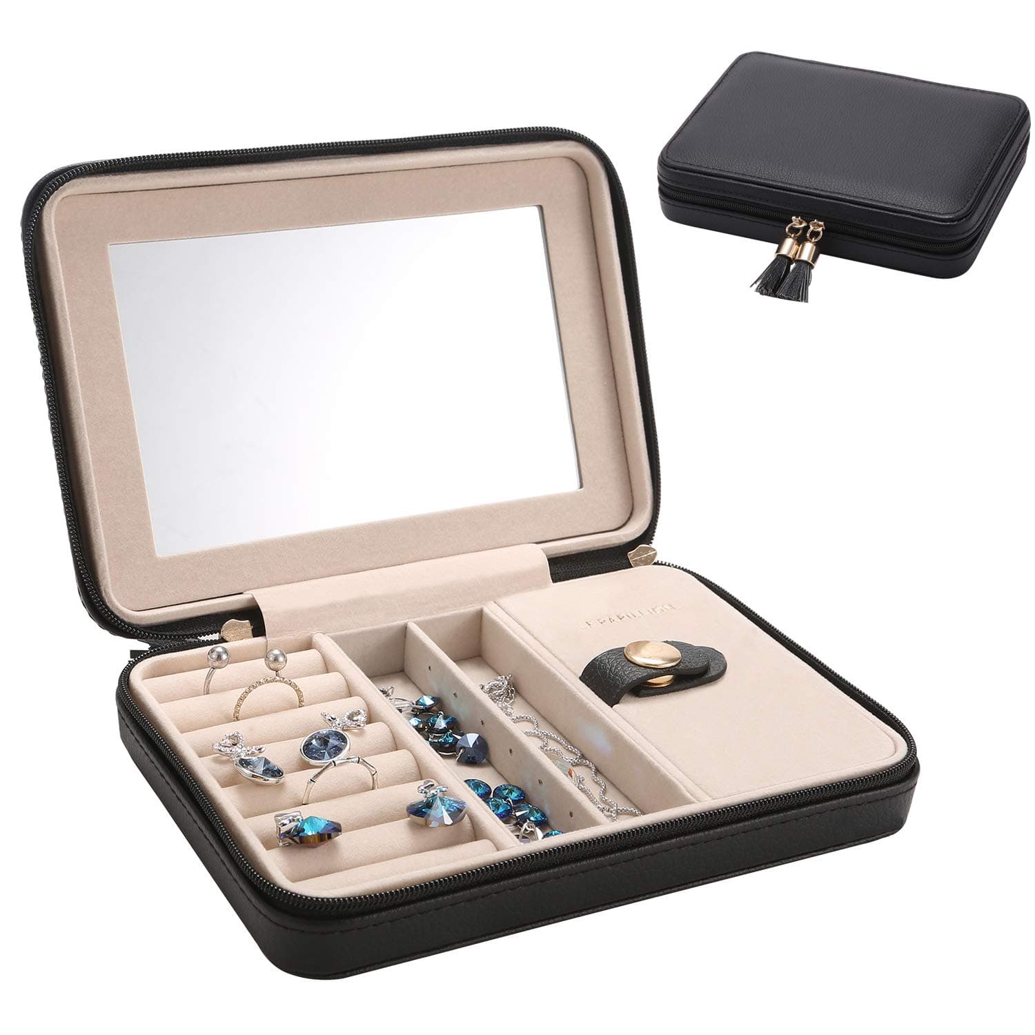 LE PAPILLION Small Jewelry Box for Travel PU Leather Travel Jewelry Case with Mirror | Black Jewelry Box Gift for Women Girls