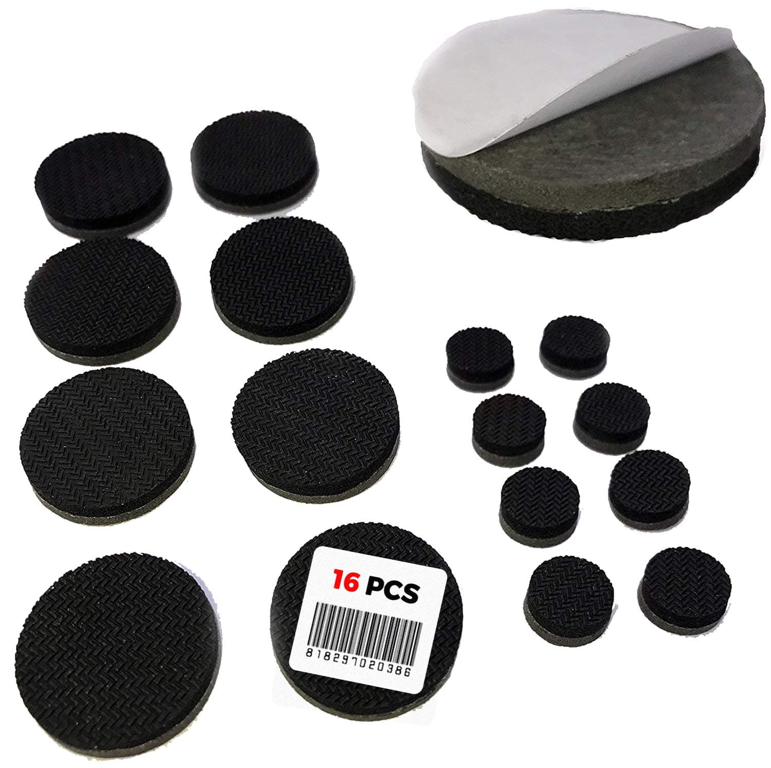 Non Slip Furniture Pads - Self Adhesive 16 Round Pieces - Qty 8 of 1" Pieces and Qty 8 of 1/2" Pieces - Premium Solid Felt with Anti Slip Rubber (16 Pieces)