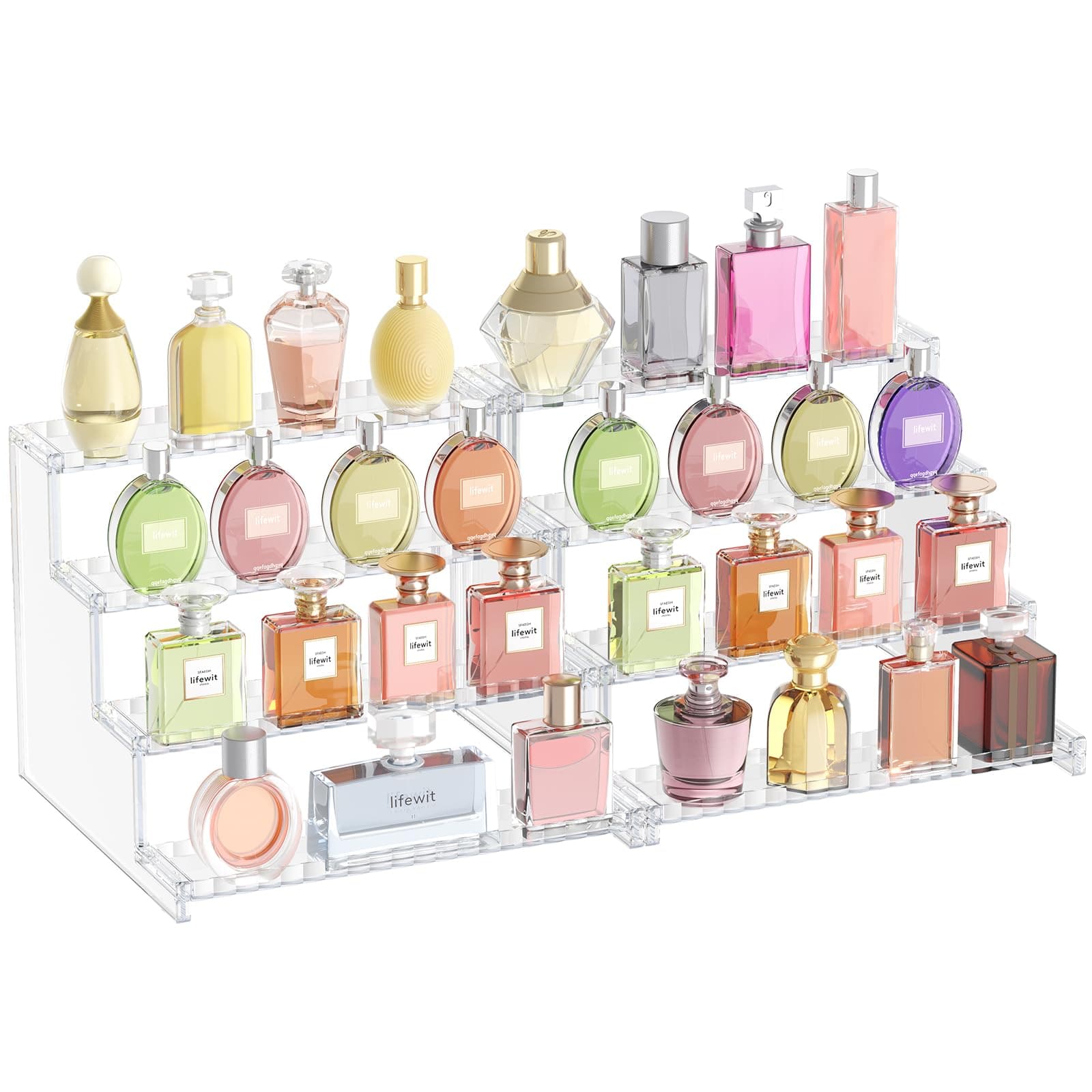 Lifewit Perfume Display 4 Levels, Vertical Plastic Perfume Rack, Acrylic Display Stand for Pop Figures, Cupcakes, Cosmetics, Nail Polish, 2 Packs, Transparent, 30 cm
