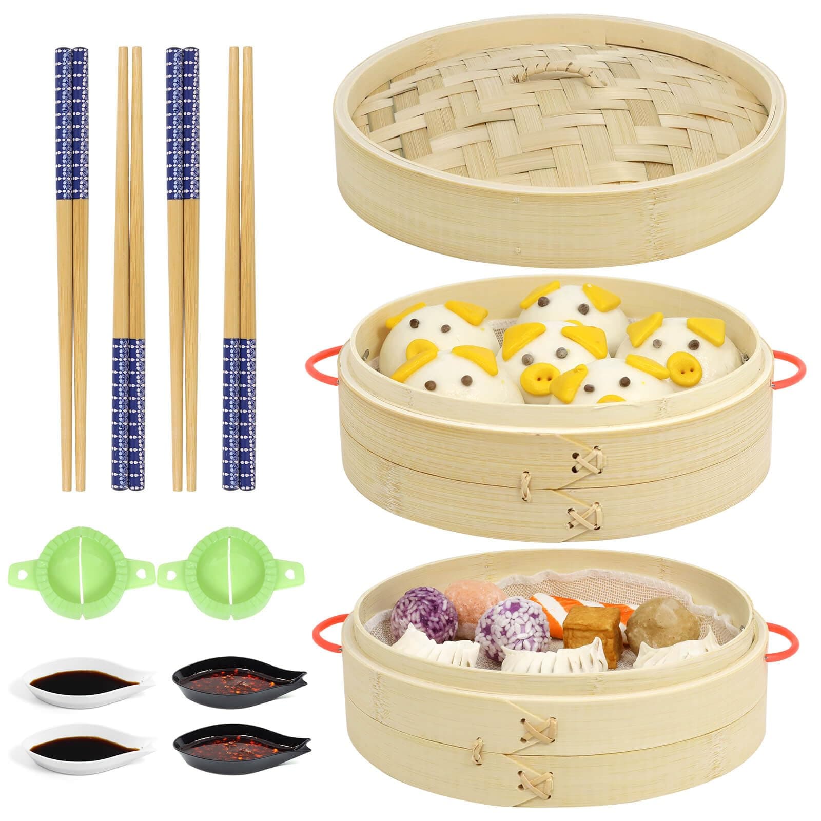 8-Inch Bamboo Steamer - 2 Tier Cooking Basket with Handles, for Dumpling Dim Sum Bao Bun Rice Vegetables Meat & Fish Chinese Food, Includes 2 Cotton Liners, 2 Dumpling Molds, 4 Pairs Chopsticks & 4 Sauce Dishes