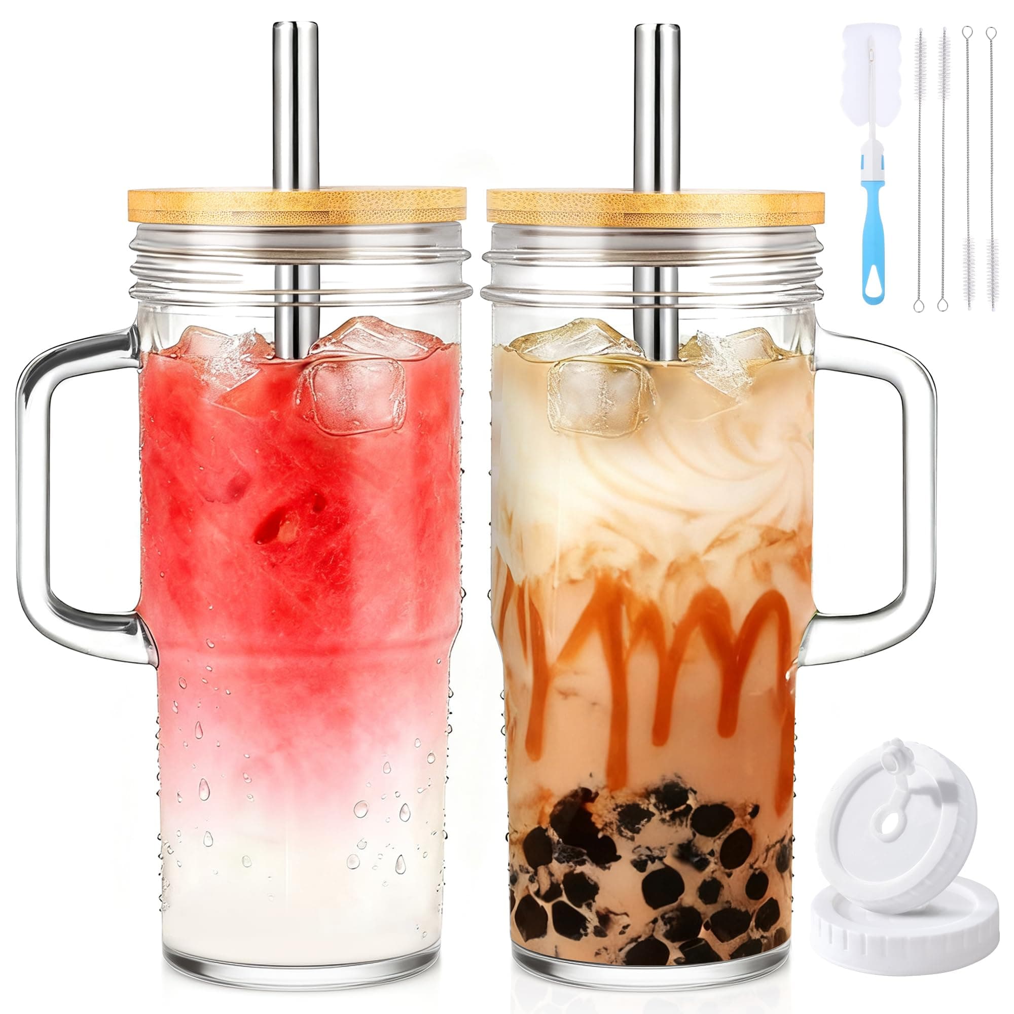Birity 24oz Glass Cups with Lids and Straws,Glass Tumbler with Handle,2 set–Reusable Glass Ice Coffee Cups with Lid and Straw for Smoothies,Tea,Juice,Boba Cup for Cold & Hot Drinks,Travel Cup
