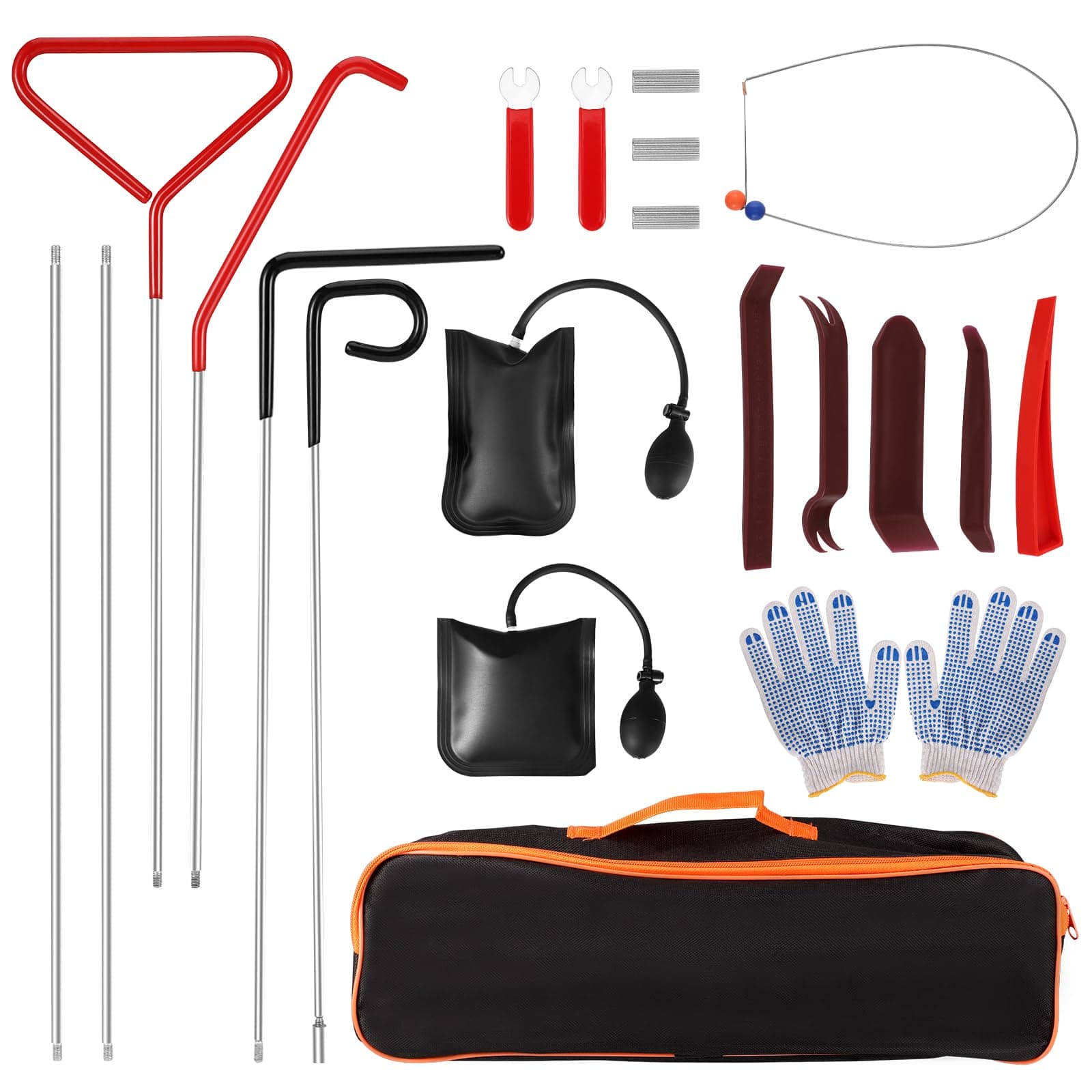16Pcs Car Tool Kit, Professional Car Breakdown Kit, Essential Emergency Car Lockout Kit with Long Reach Grabber, Air Wedge Pump, Non Marring Wedge, Breakdown Tool Kit for Car