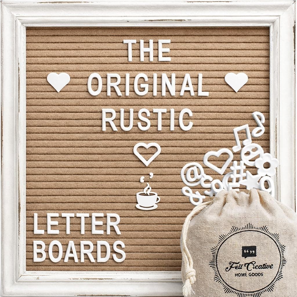 Cappuccino Felt Letter Board Back to School Sign with Rustic Wood White Frame - Farmhouse Letter Board Sign with Stand - Baby Announcement 10x10 Felt Board Changeable Message Board with 350 Letter Set