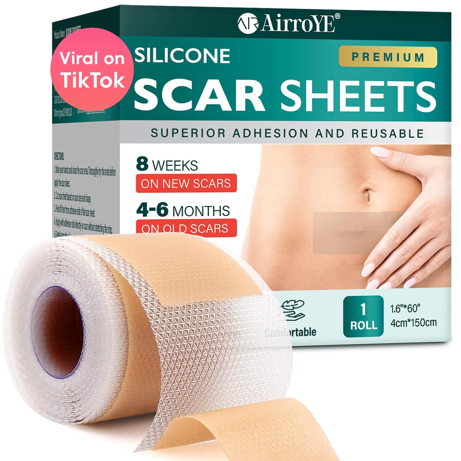 Silicone Scar Sheets,Silicone Scar Tape(1.6"x 60" Roll-1.5M), Reusable And Effective Scar Removal Sheets, Silicone Scar Removal Sheets For Surgical Scars,Healing Keloid, C-Section, Tummy Tuck