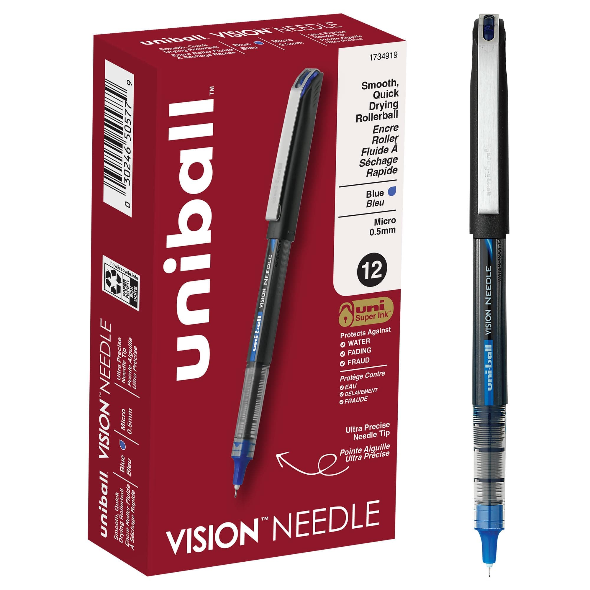 Vision Needle Rollerball Pens, Micro Point (0.5mm), Blue, 12 Count