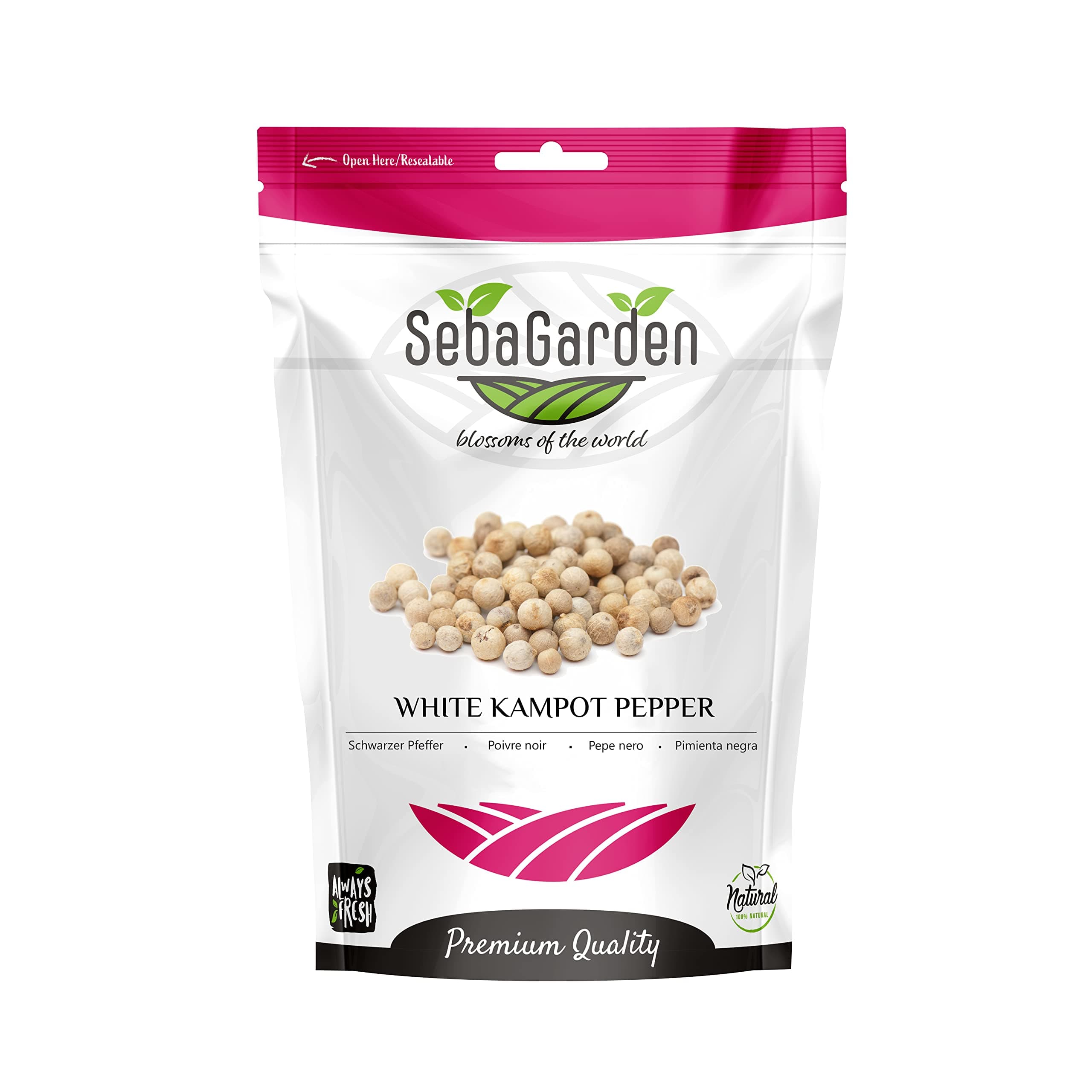 Seba Garden - PGI Premium Grade Kampot Pepper - 100g - Peppercorns - Organically Grown in Kampot/Cambodia (White Pepper)