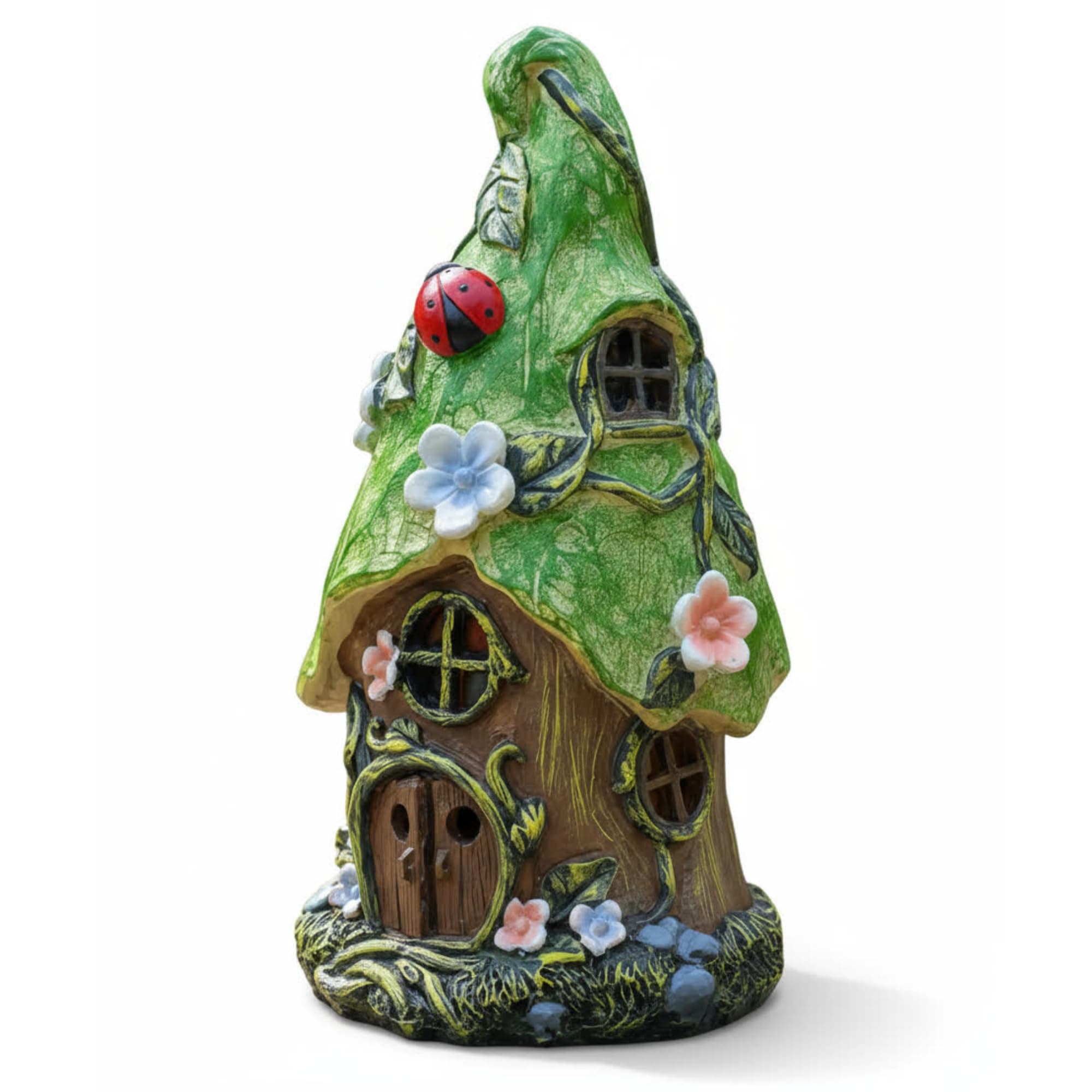 The Enchanted Garden Solar Fairy House 22cm Green Roof Ornament – Hand-Painted Resin Decoration with Solar Light – Weatherproof Elf Pixie Statue – Magical Gift for Garden Lovers