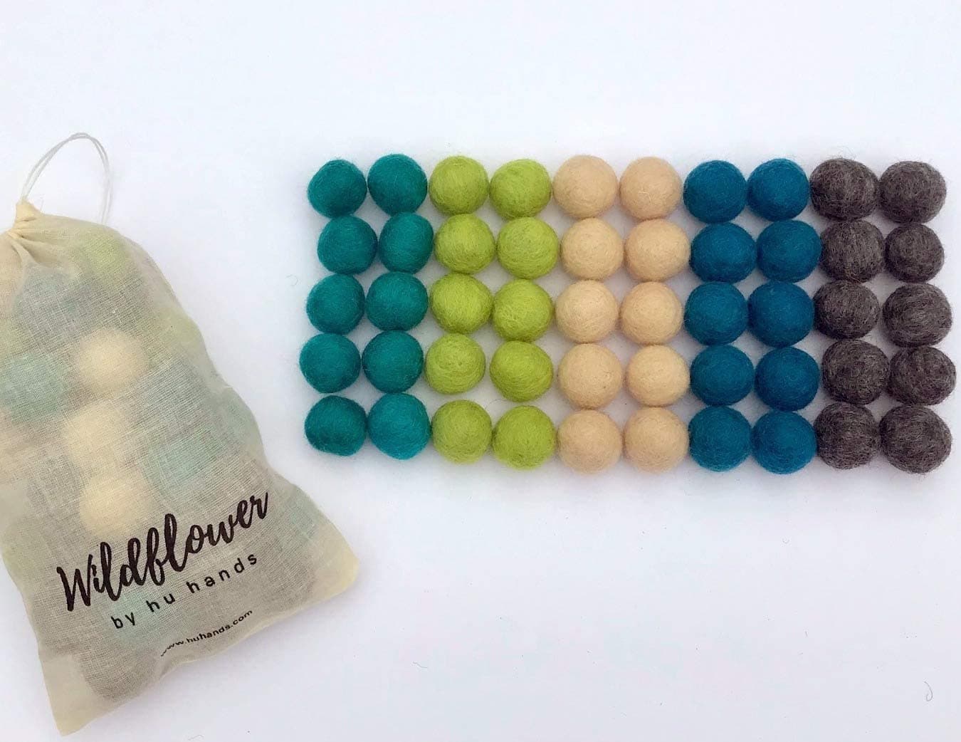 Wildflower by hu hands Wool Felt Balls | Assorted Blue, Green, Gray, Natural Color | Felt Pom Poms Handmade in Nepal for Crafts, DIY Garland, Felting, Baby Mobile, Cat Toy | .8-1 Inch | Muslin Bag