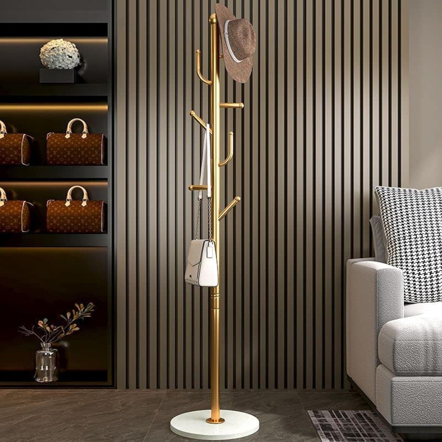 LERFOT Coat Rack, Metal Coat Rack Freestanding with 7 Hooks, Coat Rack Stand Easy to Assemble, Coat Tree Suitable for Hanging Clothes, Bags, Hats, Accessories (Gold)