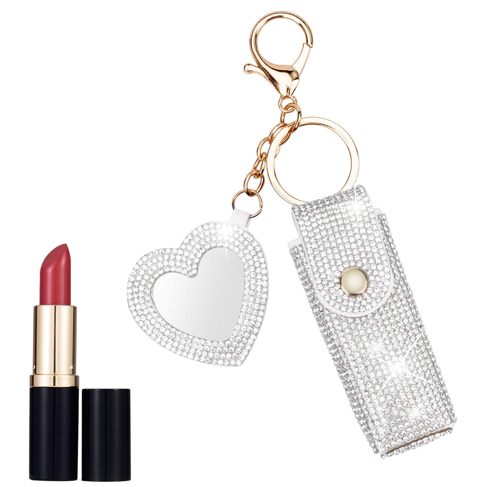 Fantasyon Lipstick Holder with Mirror Leather Diamond Lip Gloss Bag Chapstick Holder Keychain Portable Lip Balms Holder for Women Girl Travel Lipgloss Coins Storage Holder for Purse(White)