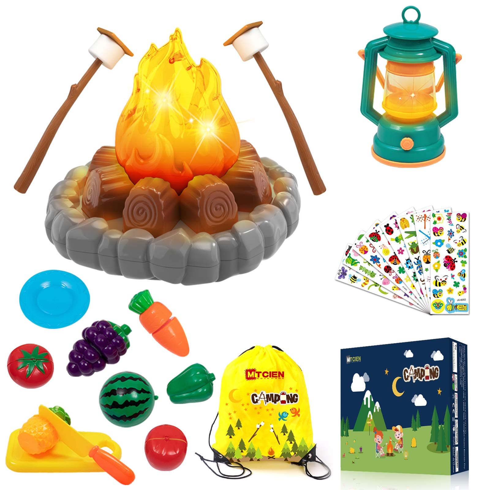 Camping Toys Play Set, Pretend Campfire, Play Food for Kids with Oil Lantern, Pretend Fruits Vegetables Cutting, S'Mores, Indoor Outdoor Toys for Toddler
