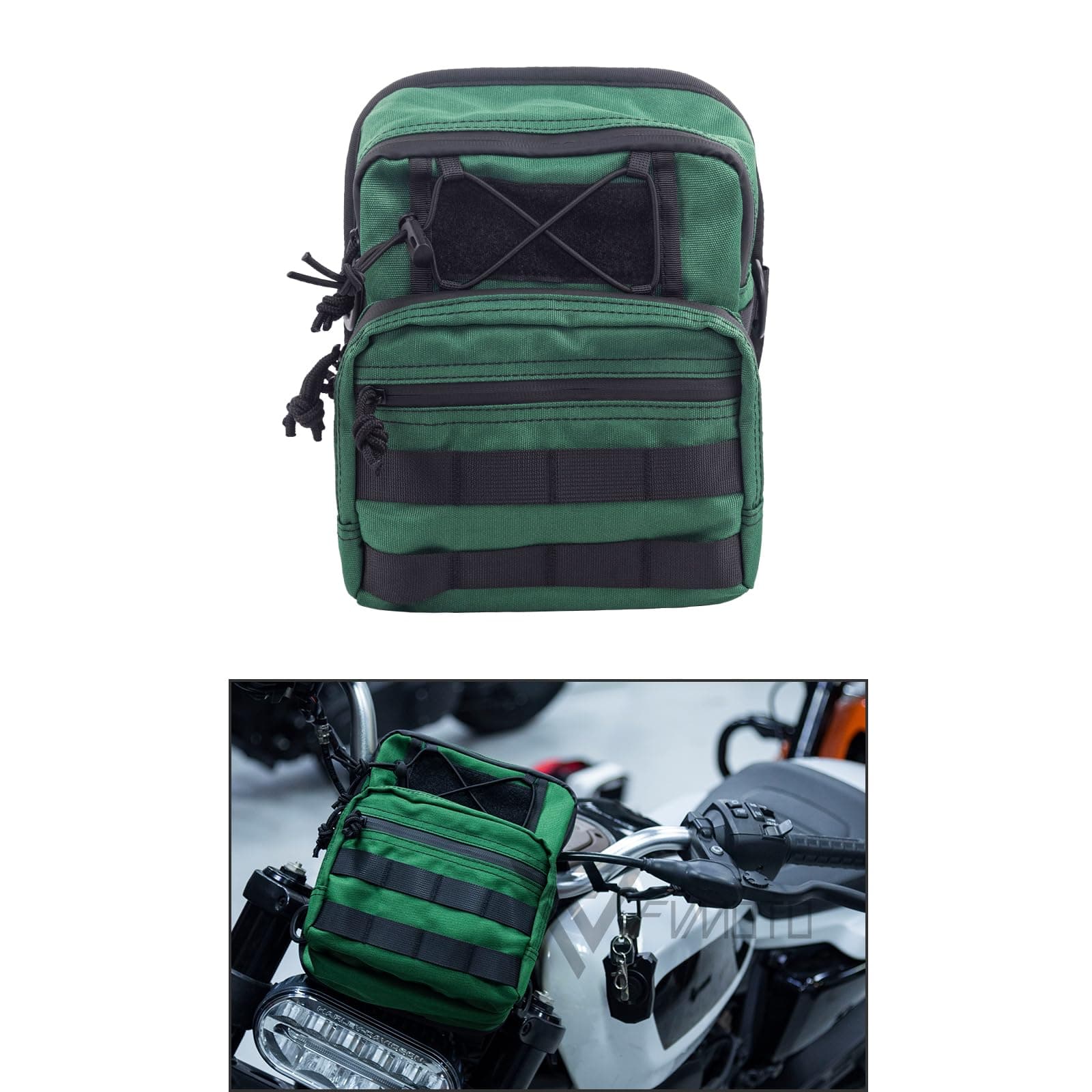 FVMOTO ユニバーサル クラブスタイル ユーティリティ Molle トラベラー バー バー ハンドル バッグ Harley Dyna Street Bob FXBB Softail Sportster対応 ツールポーチ トランク収納バッグ スネークベノムグリーン