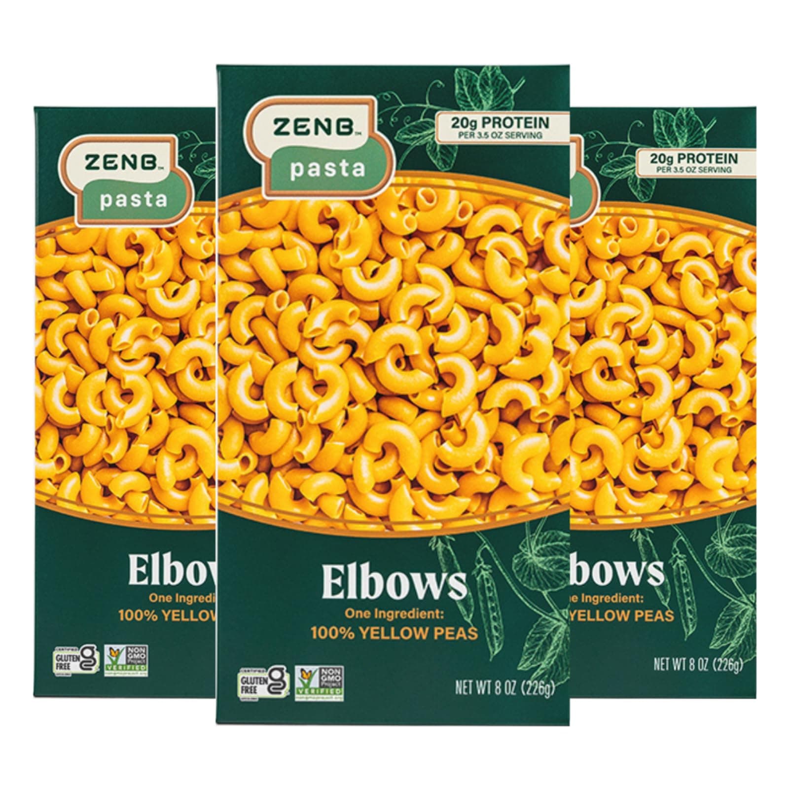 ZENBPlant Based Elbow Pasta - Made From 100% Yellow Peas, Gluten Free, Non-GMO & Vegan, 20g of Protein & 12g of Fiber In Every Serving - (Pack of 3)