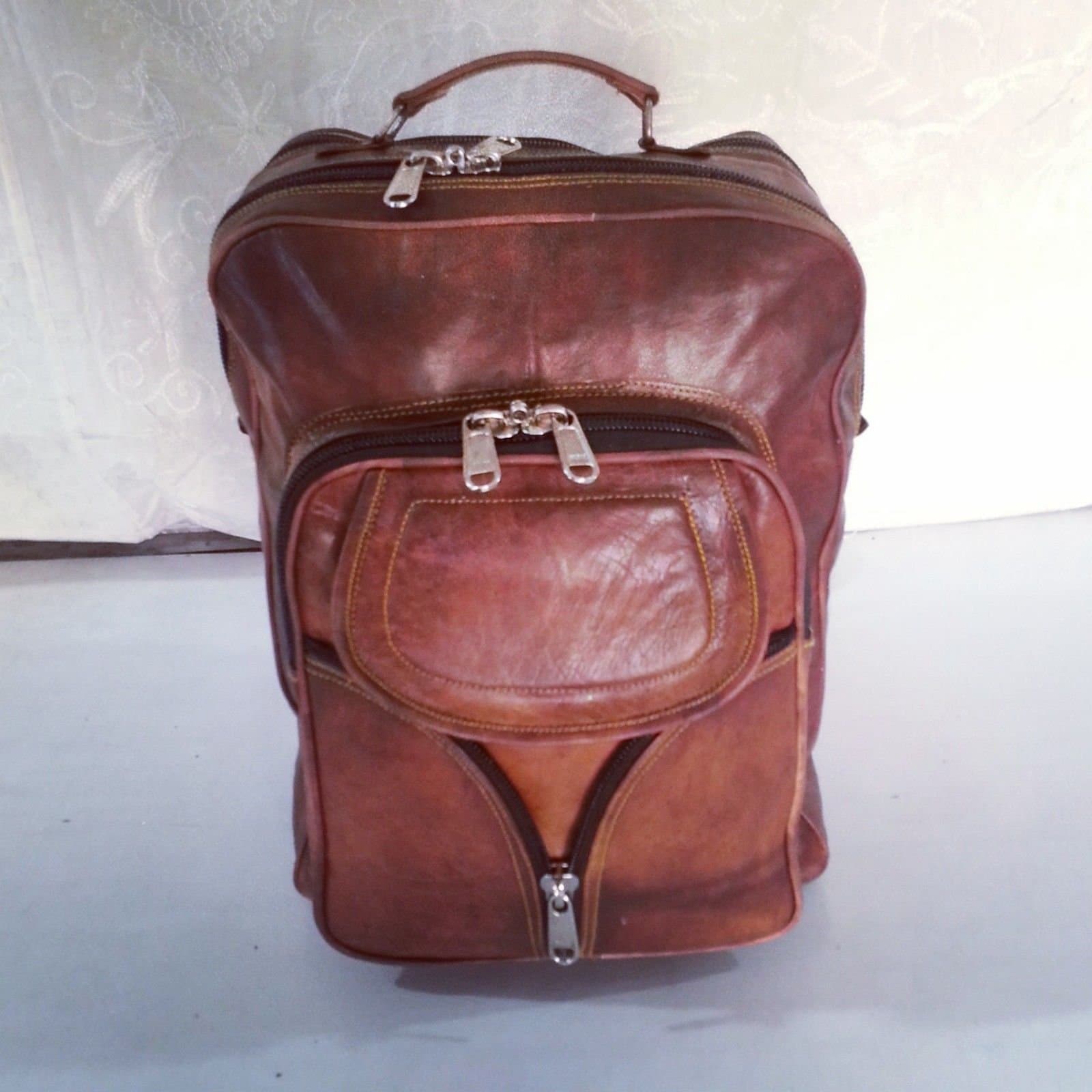 SKH13 Vintage Leather Bag Rucksack backpack real genuine handmade Mens Laptop brown