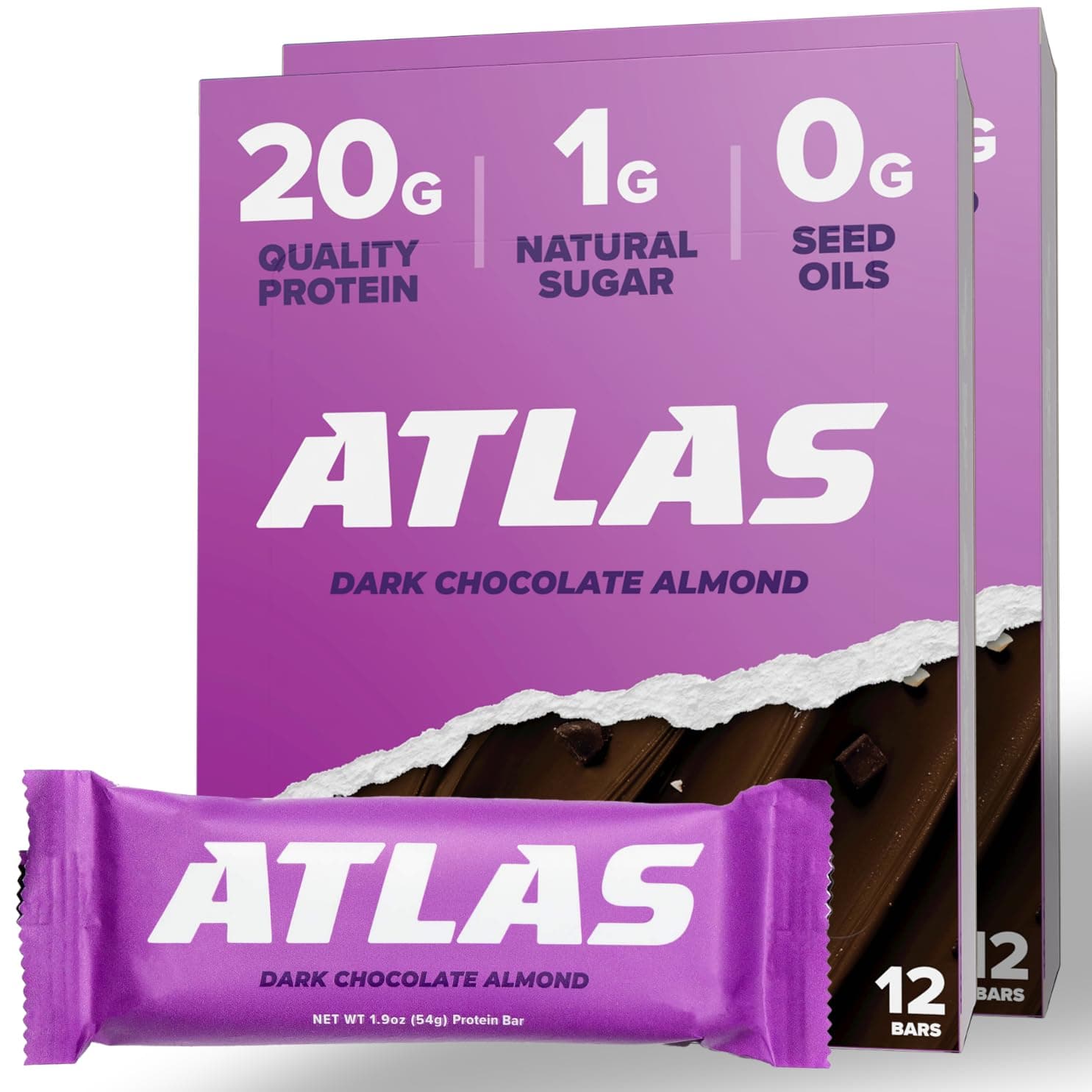 Atlas Bar – 20g Protein, 1g Sugar, 0g Seed Oils, 0g Artificial Sweeteners (Dark Chocolate Almond) (24 Count, Dark Chocolate Almond)