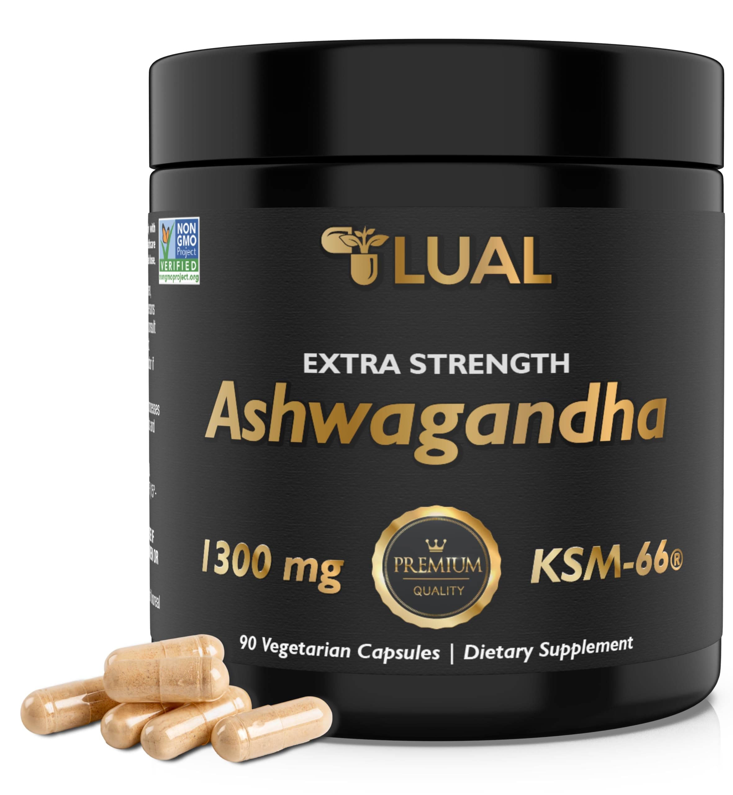 Ksm-66 Ashwagandha 1300 mg. Luall Extra Strength Ashwagandha - Natural Dietary Supplement, Organic Root Powder - Supports Muscle Recovery, Strength Gains, Sleep Quality - Capsules