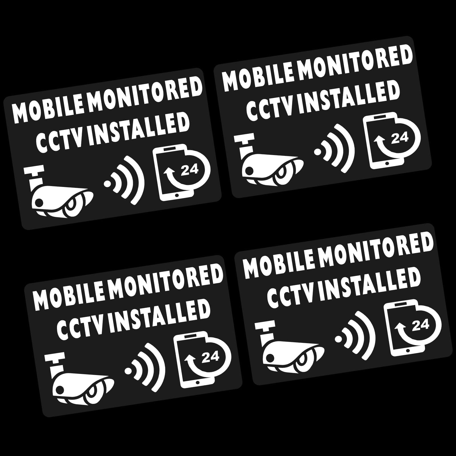 4 x C58W Signs CCTV Mobile Monitored Installed Window Reverse Stickers Small 24hr Security Warning Camera Vinyl Video Recording Home Premises Business Shop 90x60mm White on Clear