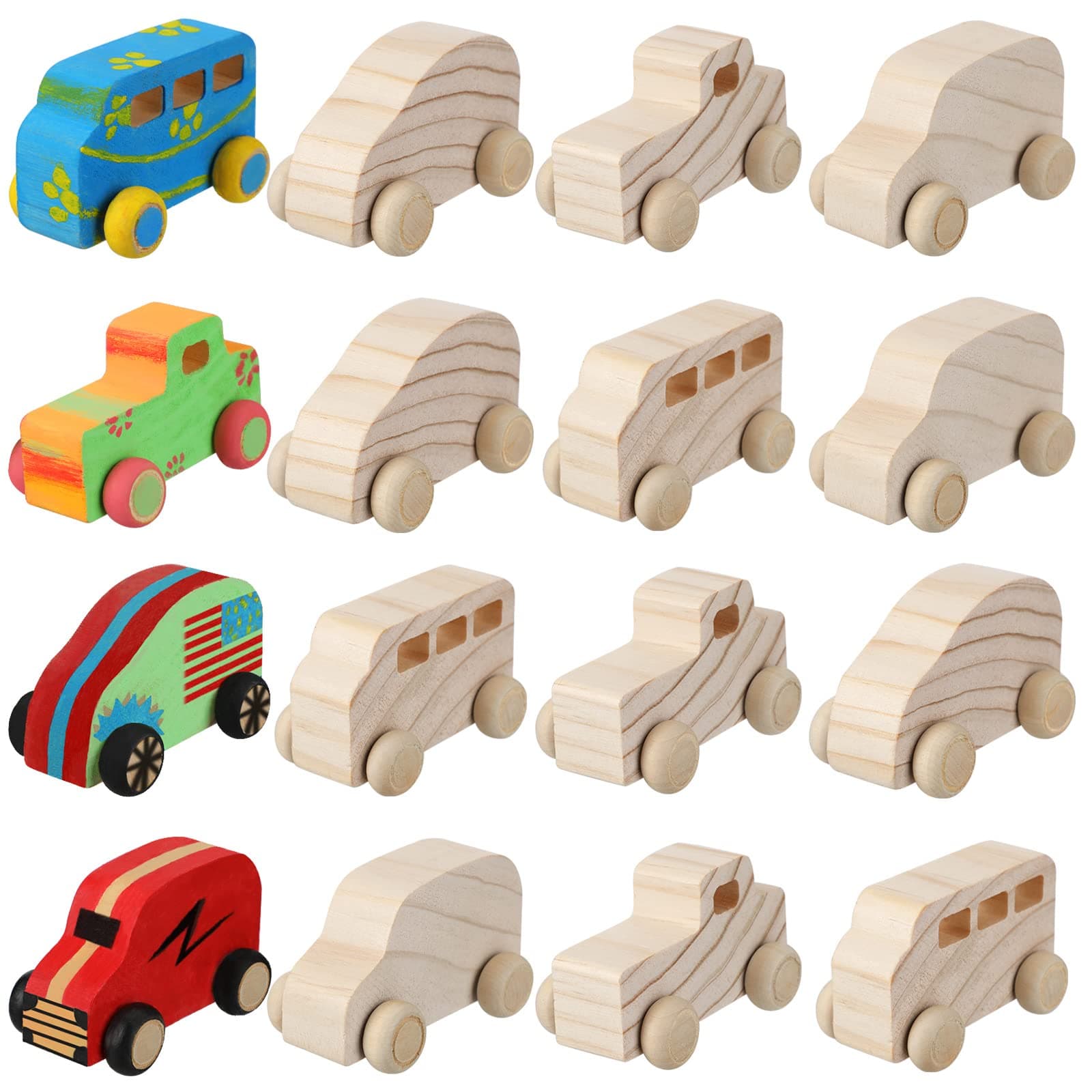 Chivao 12 Pcs Wooden Cars to Paint for Kids DIY Car Toys Unfinished Wooden Cars Paintable Crafts Things to Paint for Students Home Activities Craft Projects, Easy Woodworking(Cute Style)