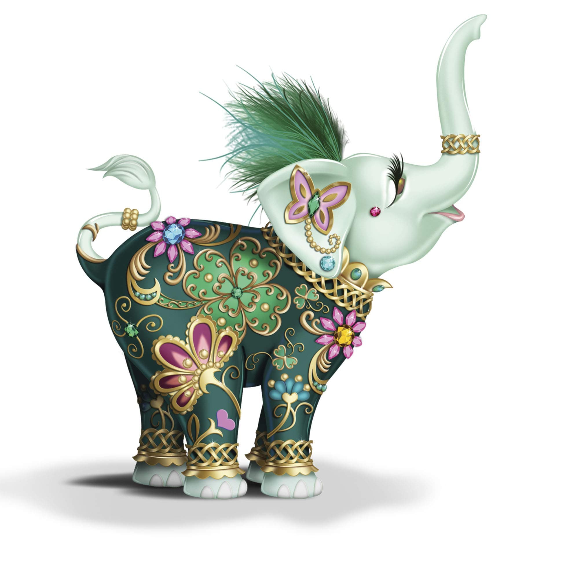 The Bradford Exchange 'Lucky In Love' Elephant Figurine – Margaret Le Van Handcrafted Elephant Figurine Celebrates Irish Lore With Shamrock Designs, Faux Gems, Lifelike Lashes, Real Feathers, More