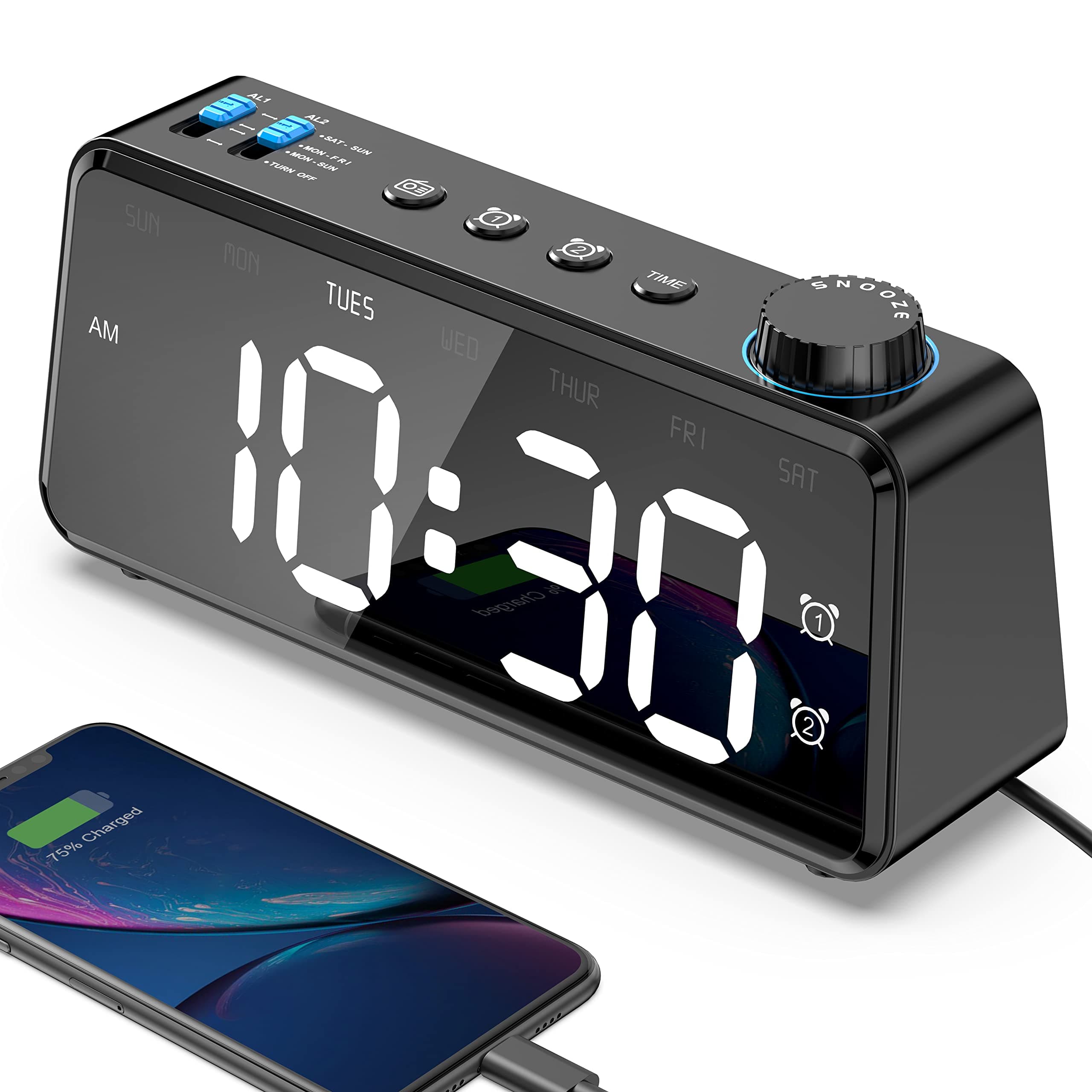 ANJANK Bedside FM Radio Alarm Clock | Bedroom Digital Clock with Wood Grain | USB Charger | Dual Alarm with Weekday or Weekend | Mains Power with Battery Backup | LED Display with 0-100% Dimmer