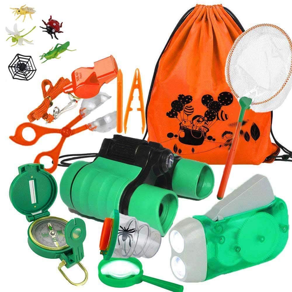 Yiran Adventure Outdoor Explorer Kit Gifts Toys, 17 Pieces Birthday for 3-10 Years Old Boys Girls, Educational Toys STEM Backpacking Compass Binocular sets Camping Bug Catcher Hiking