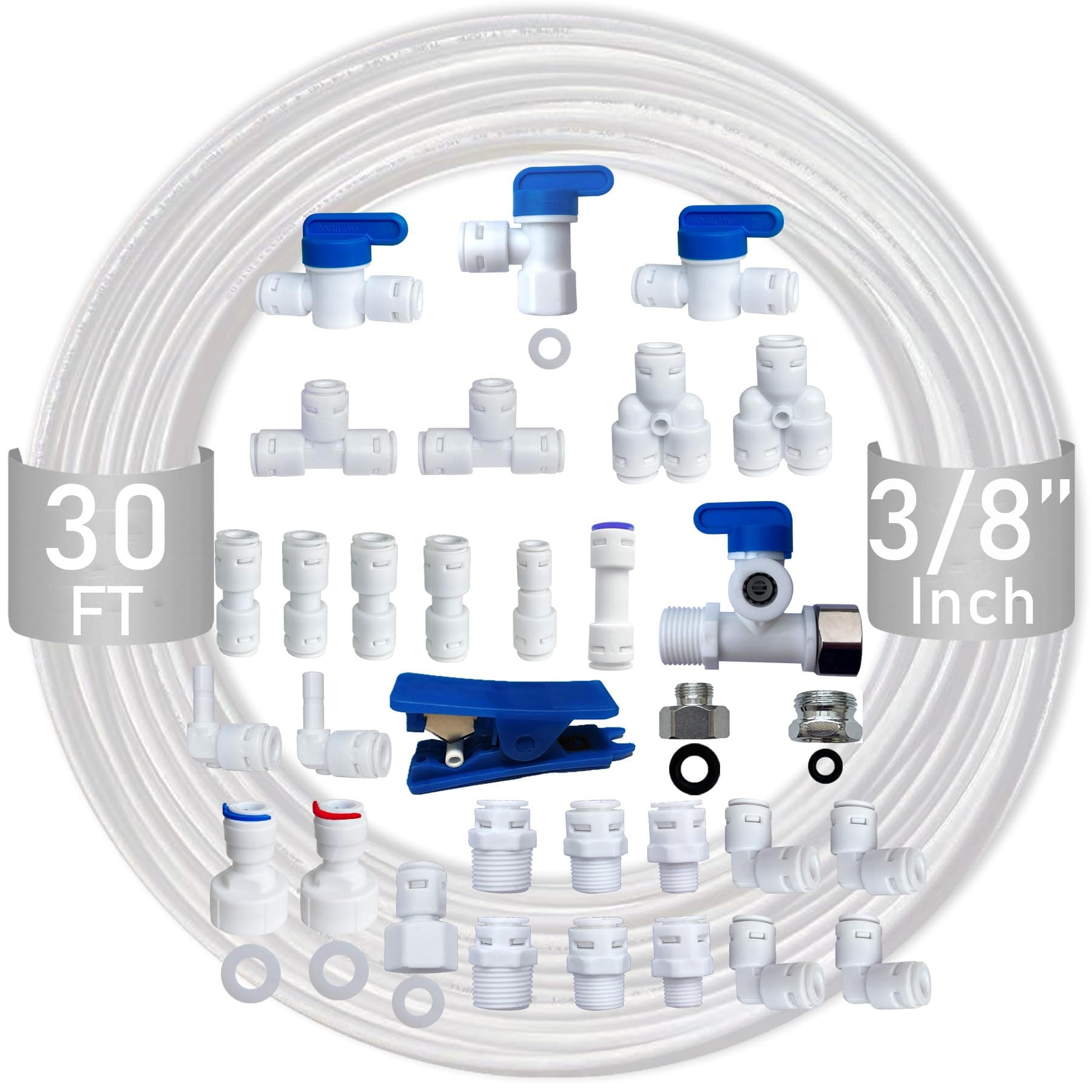 NSF Certified 3/8" O.D. Push to Connect Fittings for RO (Reverse Osmosis) Water Filter 30 pcs+30 feet 3/8" Water tubing.