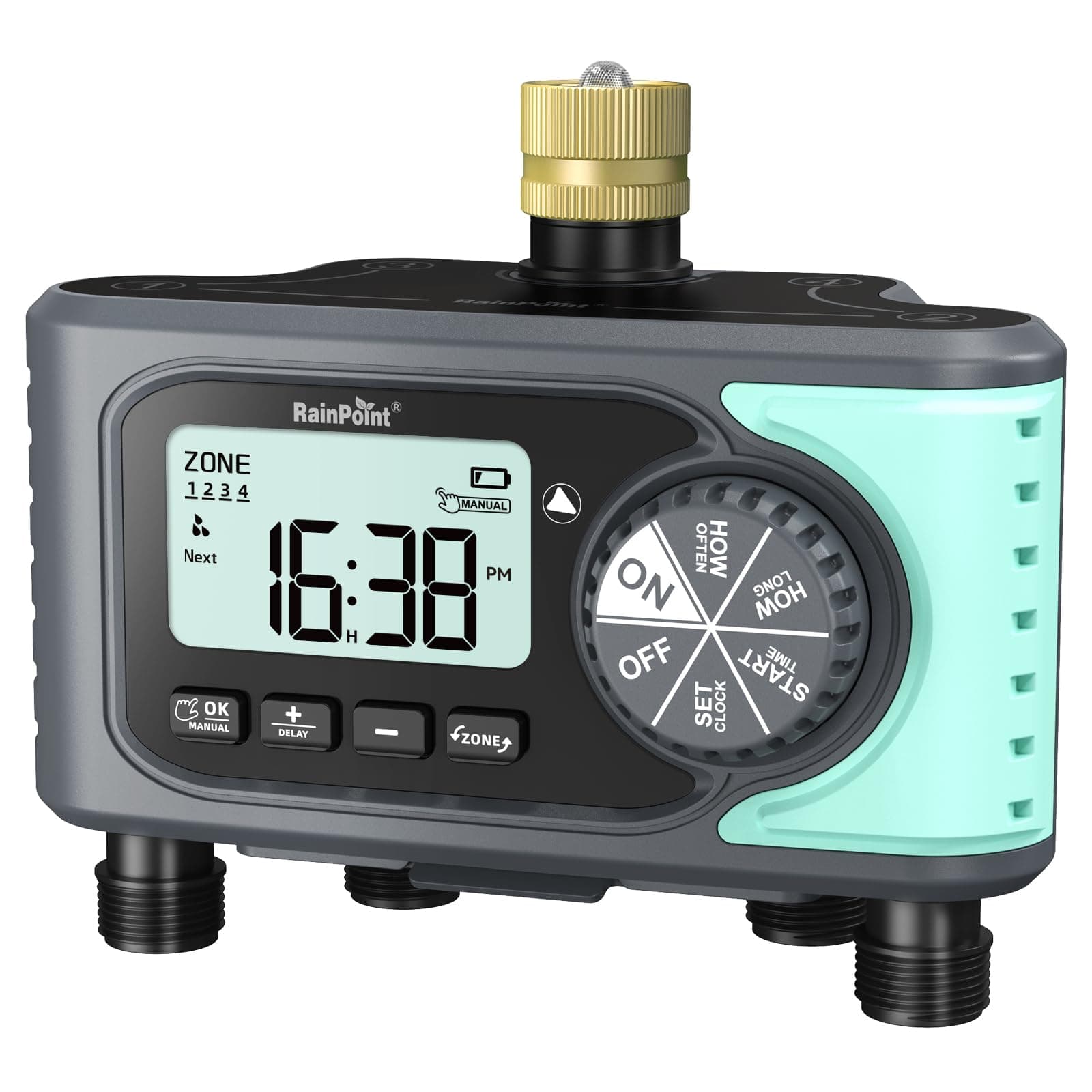 RAINPOINT Sprinkler Timer, 4 Outlets Hose Timer with Brass Inlet, Water Timer with Rain Delay/Manual/Automatic Timed Controller System, Programmable Digital Irrigation Timer for Lawn Yard, 4 Zone