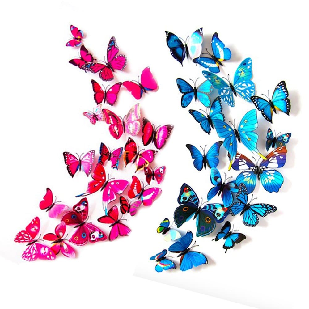 24 Pack 3D Butterfly Refrigerator Magnets, Fridge Magnets, Removable DIY Butterflies Refridgerator Decoration Wall Stickers(Rose Red&Blue)