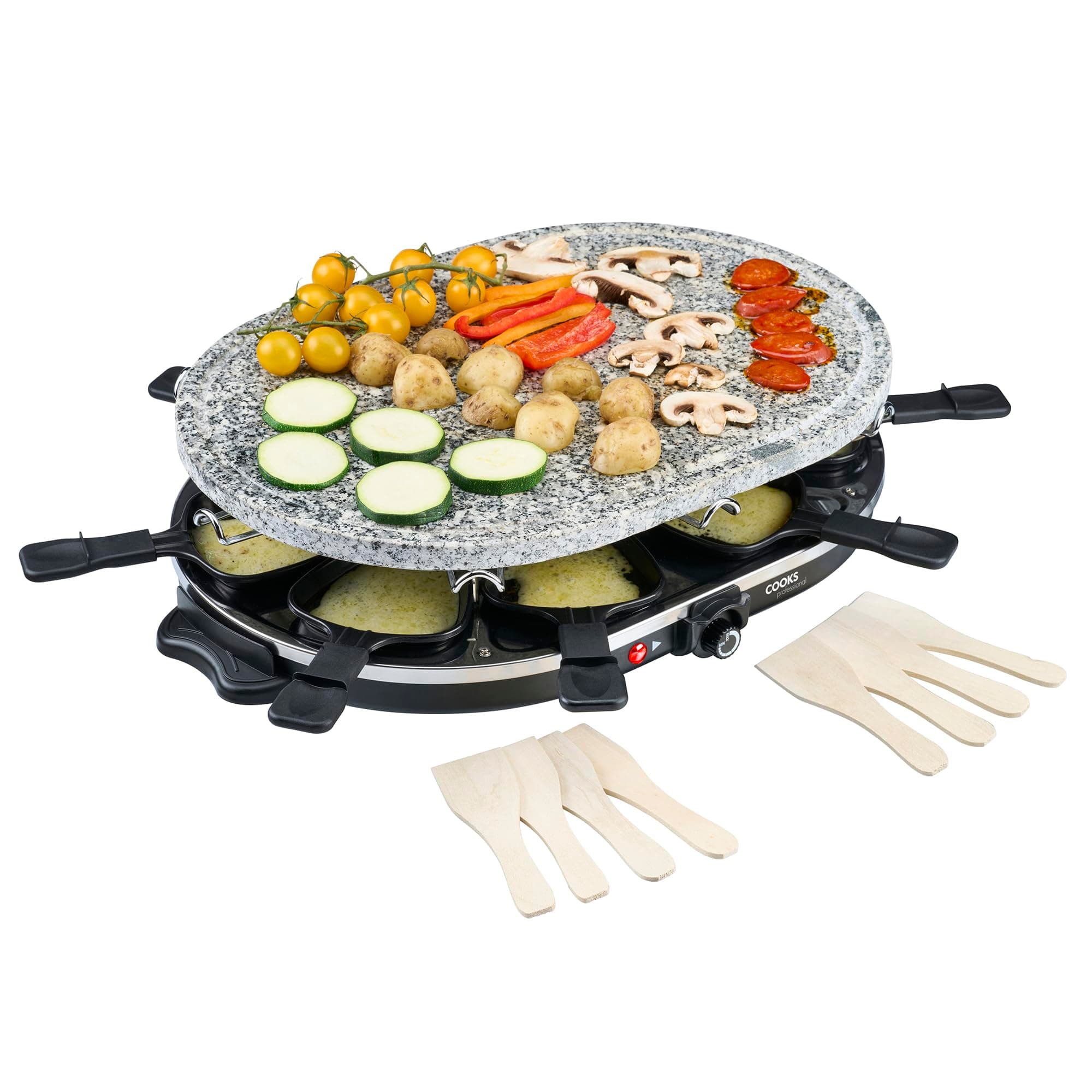 Cooks Professional Electric Raclette Grill 1200W with Stone Plate | Includes 8 Cheese Fondue Pans, Wooden Spatulas, Non-Stick Grilling Surface & Thermostat Control | Perfect for Parties & Group Dining