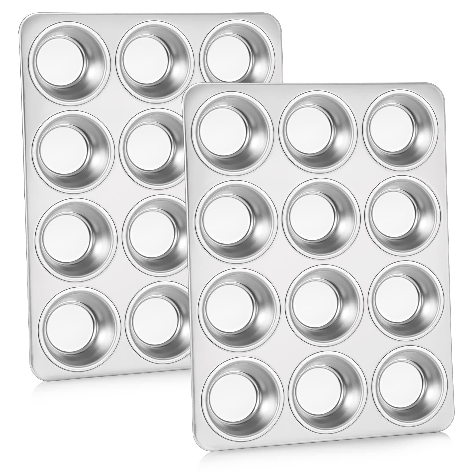 Muffin Pan Cupcake Baking Pan Set, Stainless Steel Muffin Tin Tray for Mini Cake Tart Quiche, Oven & Dishwasher Safe, Non-toxic & Heavy-duty, (12 Cup, 2Pcs)