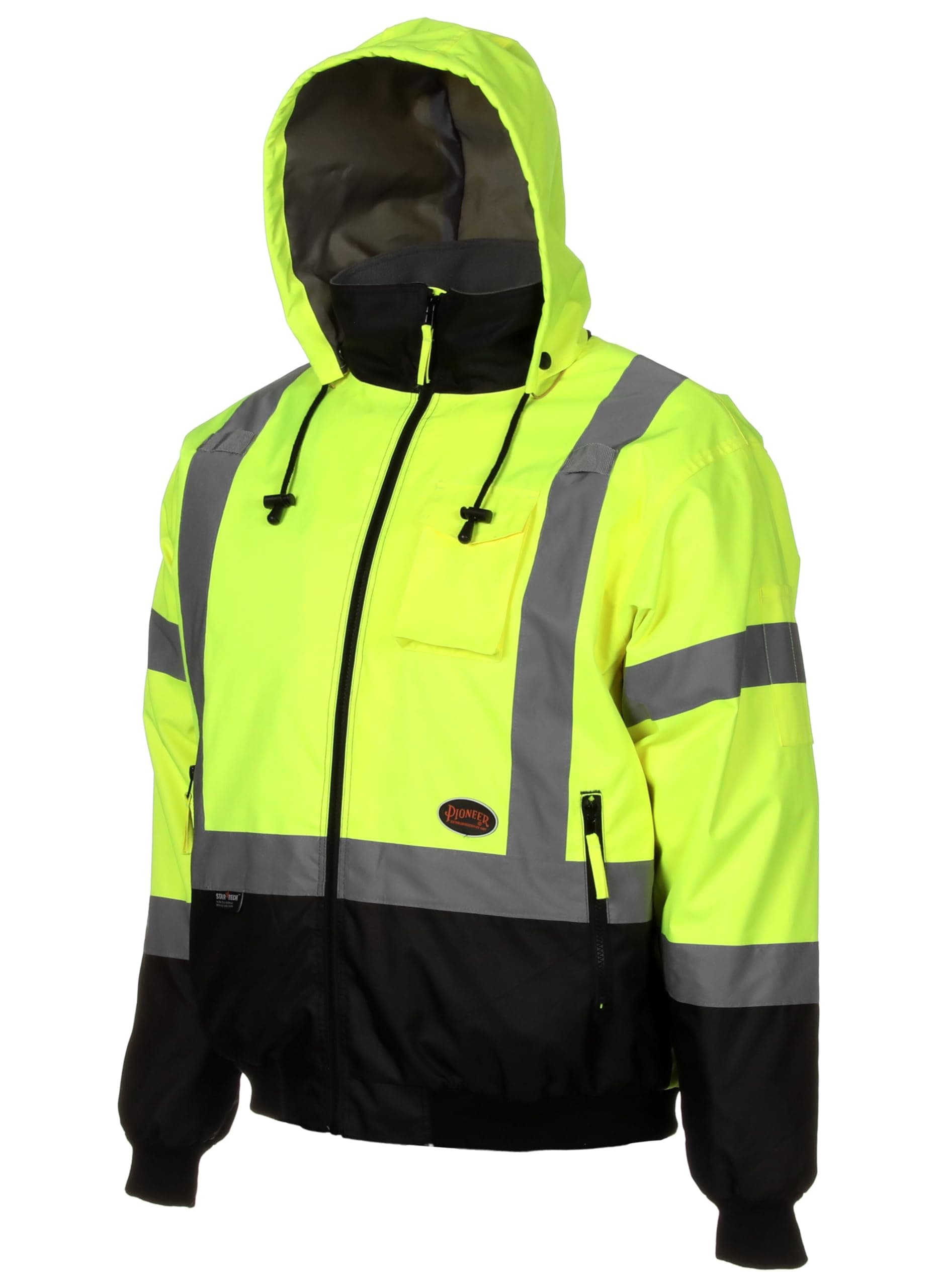 Hi Vis Safety Bomber for Men - Waterproof, Reflective ANSI Class 3 Winter Rain Jacket with Detachable Hood