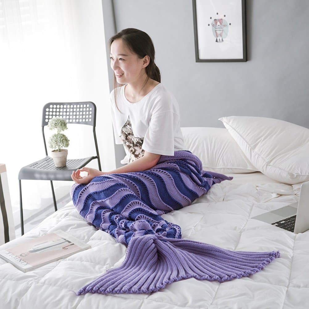 Sunshine Lovely Colorful Wave Striped Fish Tail Carpet Mermaid Blanket Tail Handmade Crocheted Blankets Super Soft Sleeping Bag (Purple)