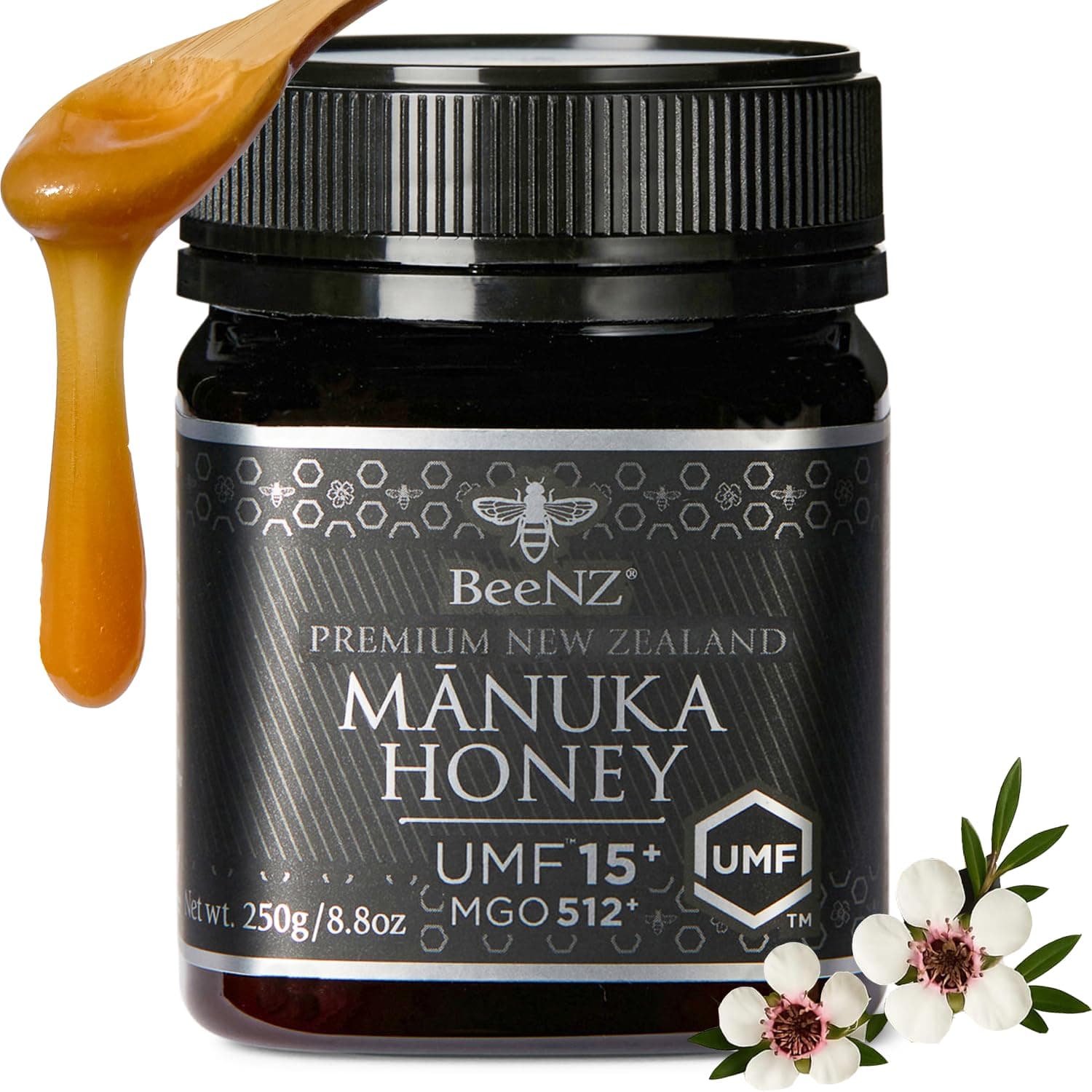 BeeNZ Raw Manuka Honey, Certified UMF 15+ (MGO 514+), Pure New Zealand Monofloral Manuka, Natural Sweetener, Superfood for Immune Support, No Sugar Added, Traceable from Hive to Jar, 8.8 oz/250g