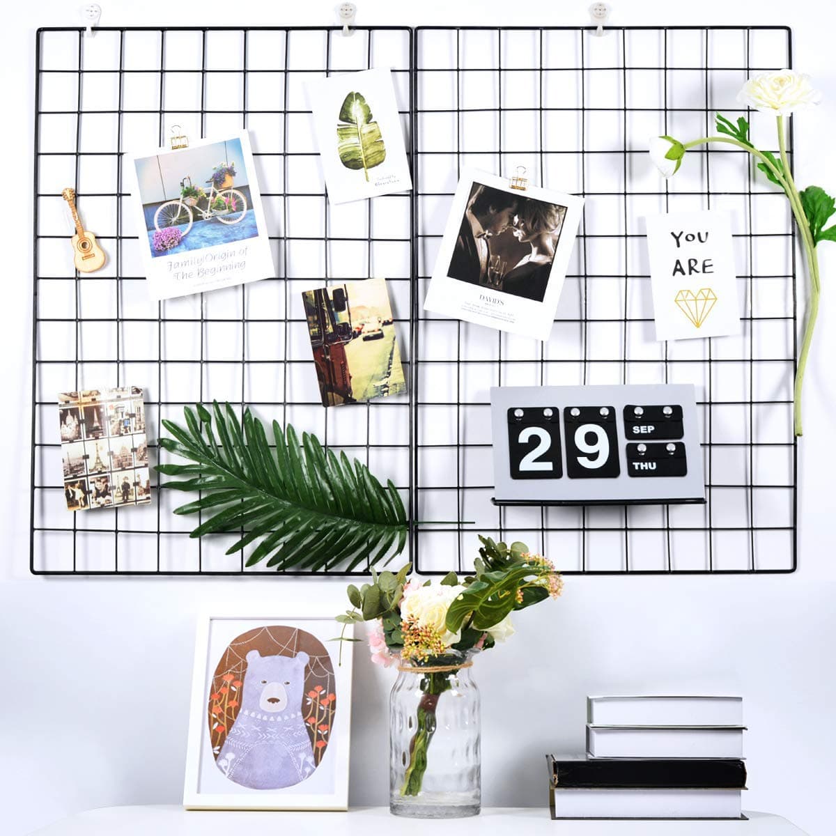 Grid Photo Wall(Set of 2), Grid Wall Decorative Iron Rack Clip Photograph Wall Hanging Picture Wall, Ins Art Display Wall Grid 2 Packs 25.6 x17.7inch (Black)