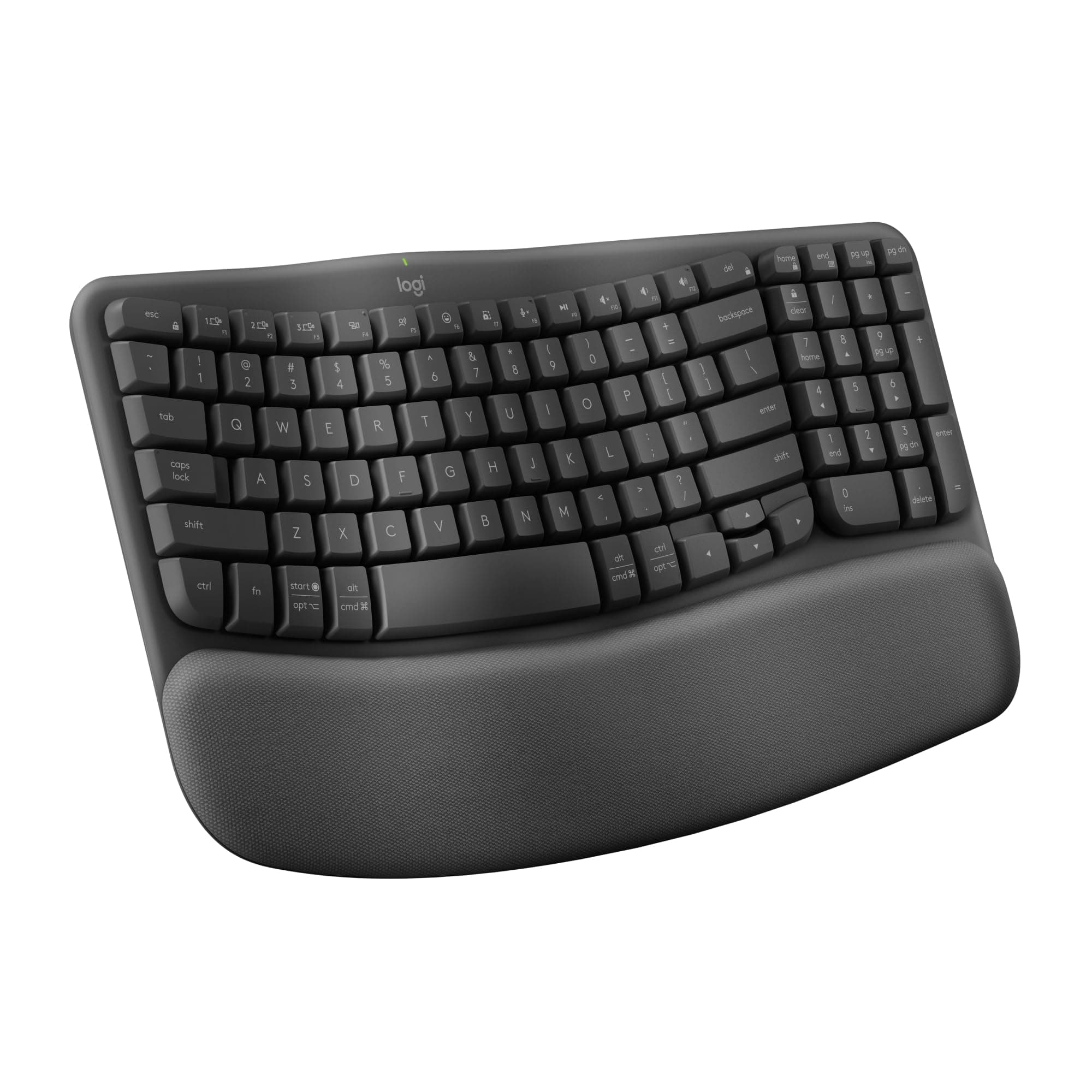 Wave Keys Wireless Ergonomic Keyboard with Cushioned Palm Rest, Comfortable Natural Typing, Easy-Switch, Bluetooth, Logi Bolt Receiver, for Multi-OS, Windows/Mac - Graphite