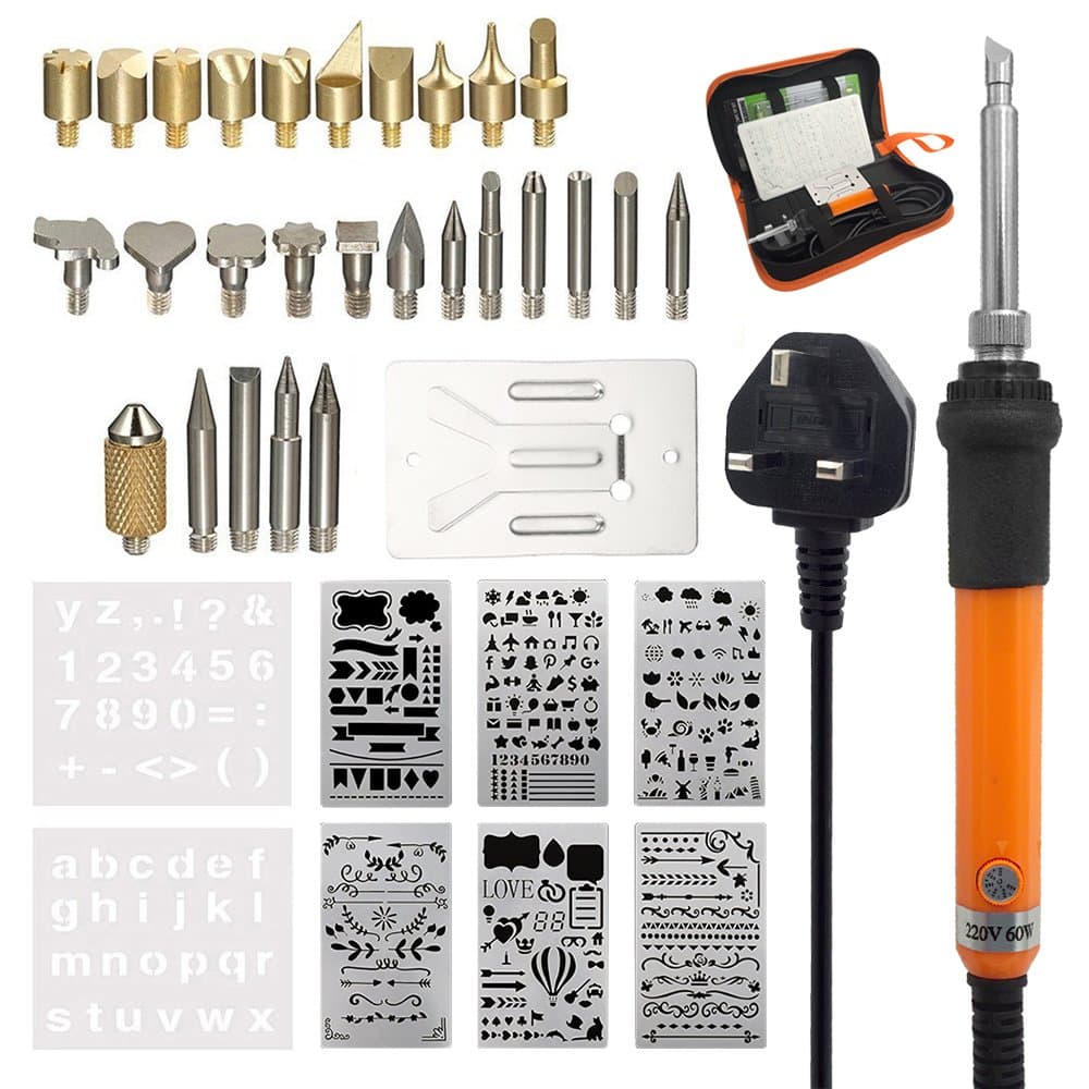 Wood Burning Kit 60W, Pyrography Pen Wood Craft Tool with Holder, Stencils in PU Bag