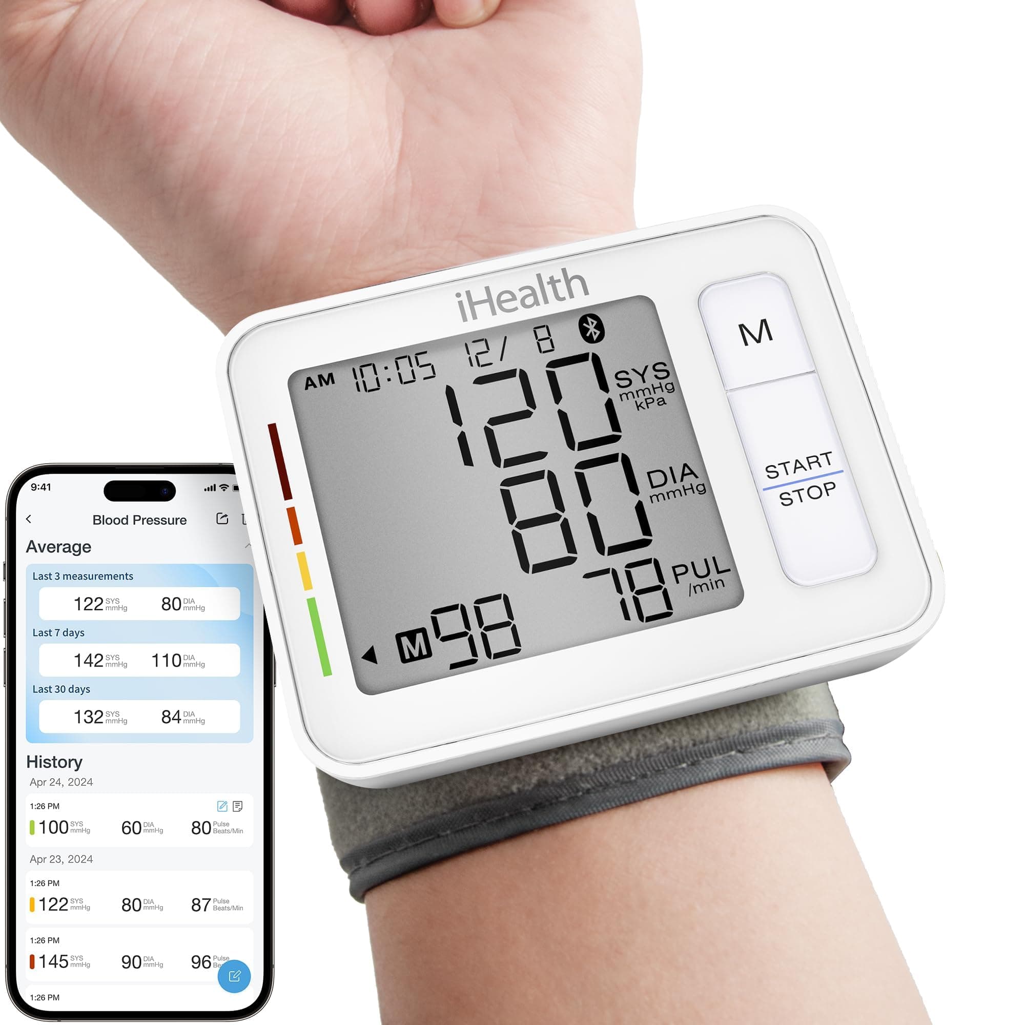 Push Wrist Blood Pressure Monitor, Digital Bluetooth Blood Pressure Machine with Large Display and Portable Carrying Case for At Home and Travel Use