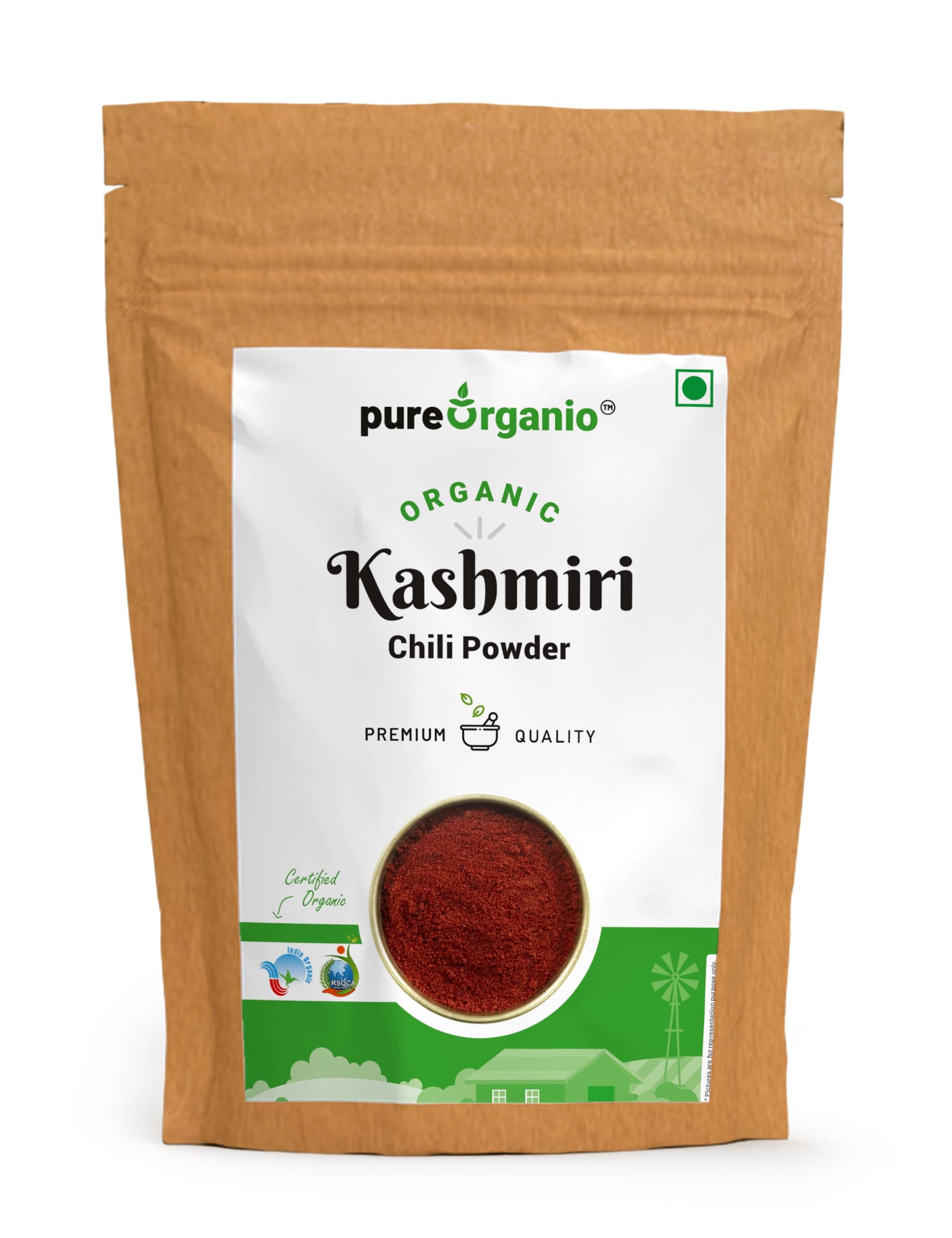 Pure Organio Organic Kashmiri Chilli Powder - Premium, Authentic, Hand-Pounded, Fresh Lal Mirch Spice - Deep Red Colour, Mild Flavor (Byadagi chilli variety) (1 Kg)