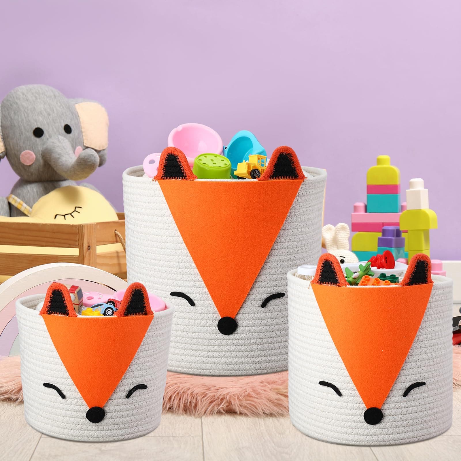Mumufy 3 Pcs Fox Storage Basket for Kids Fox Laundry Basket for Nursery Cotton Rope Cute Orange Fox Shaped Basket Woodland Decor Animal Baskets for Baby Diaper Gifts Blankets Bed Living Room 3 Sizes