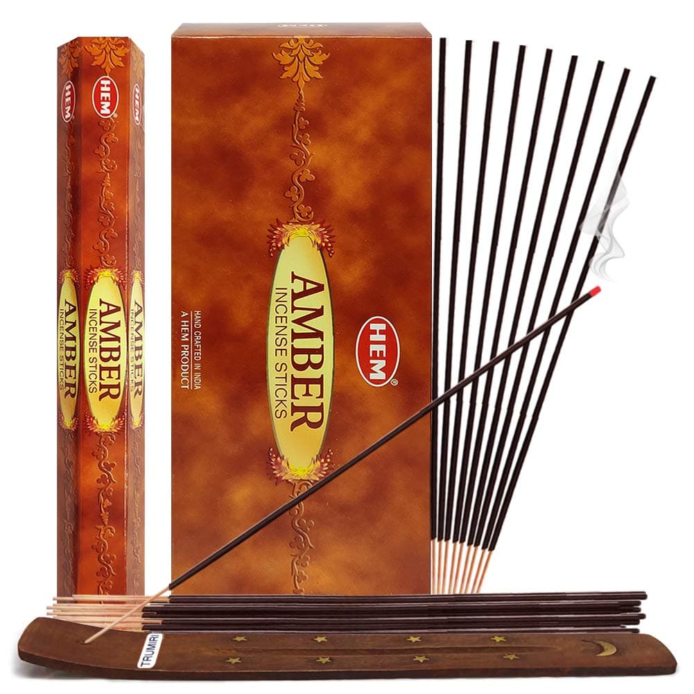 TRUMIRI Amber Incense Sticks & Holder Bundle: 6 Sets of 20 Sticks Each, 120 Total Pieces