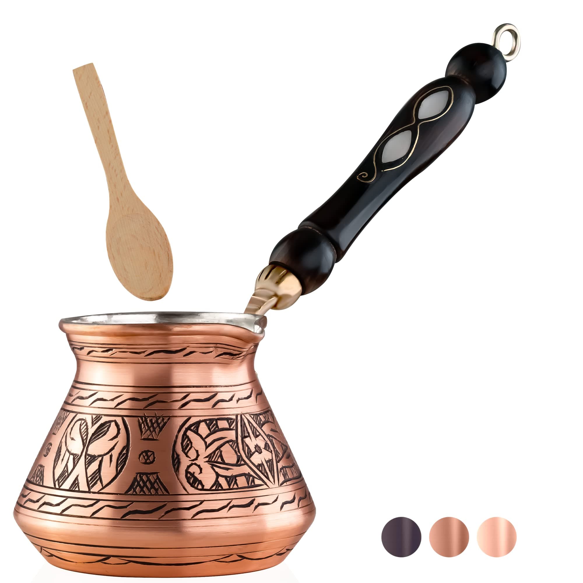 - BCS 12 Oz Copper Turkish Greek Arabic Coffee Pot with Wooden Handle (4 servings) Cezve Ibrik Briki Stovetop Coffee Maker (Includes Wooden Spoon)