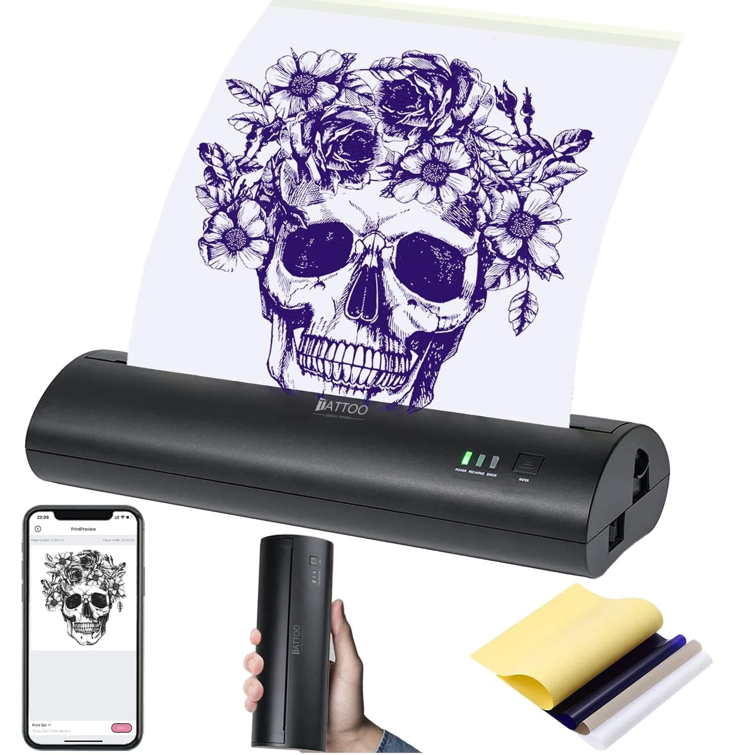 Atelics Cordless Tattoo Transfer Stencil Printer, with 10Pcs Transfer Paper, Portable Tattoo Transfer Thermal Copier Machine for Temporary and Permanent, Compatible for iOS & Android Phone