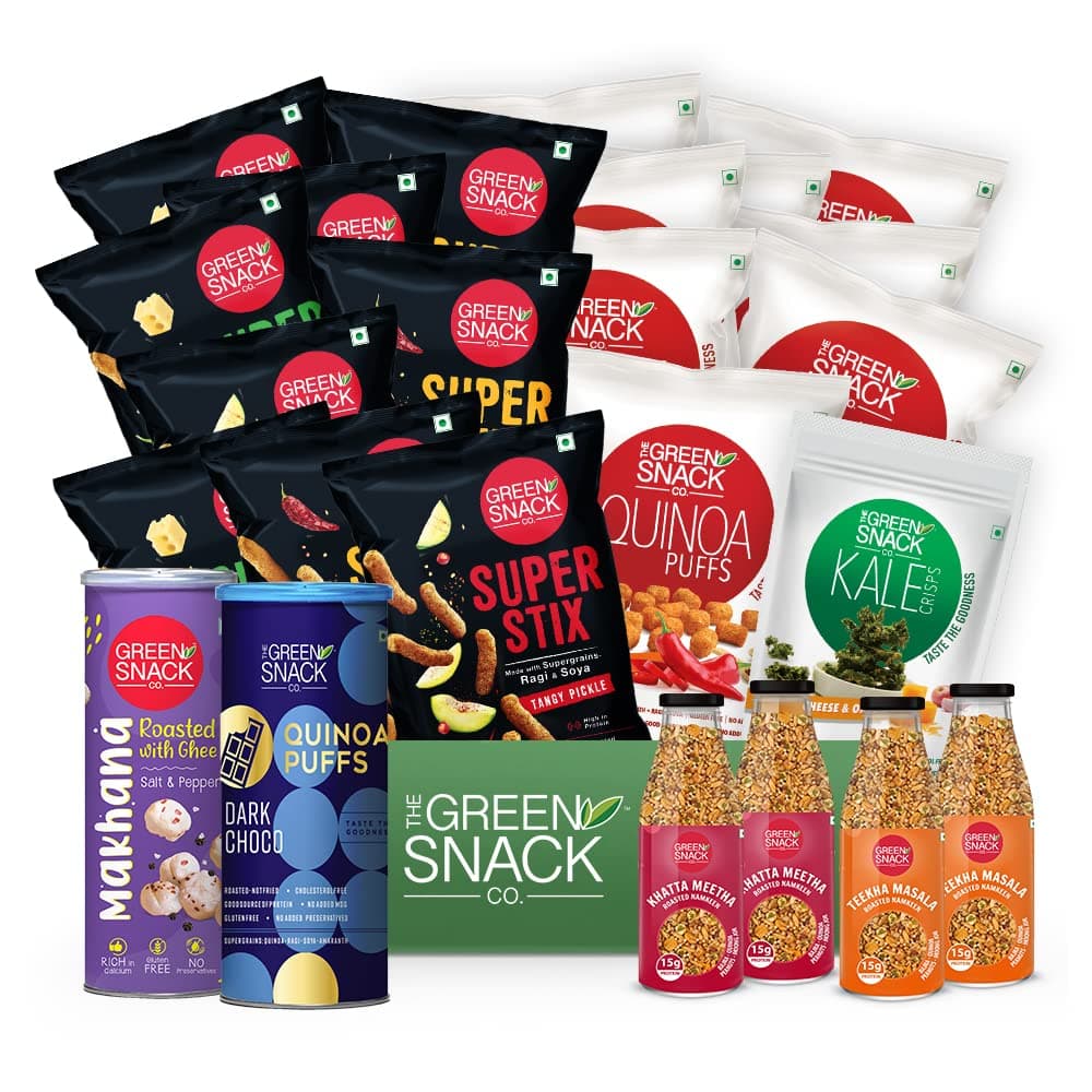 The Green Snack Co. Snack Box | Pack of 24 Healthy Snacks - Kale Crisps, Quinoa Puffs, Super Stix & Roasted Namkeen | Healthy Roasted Snacks Combo Pack