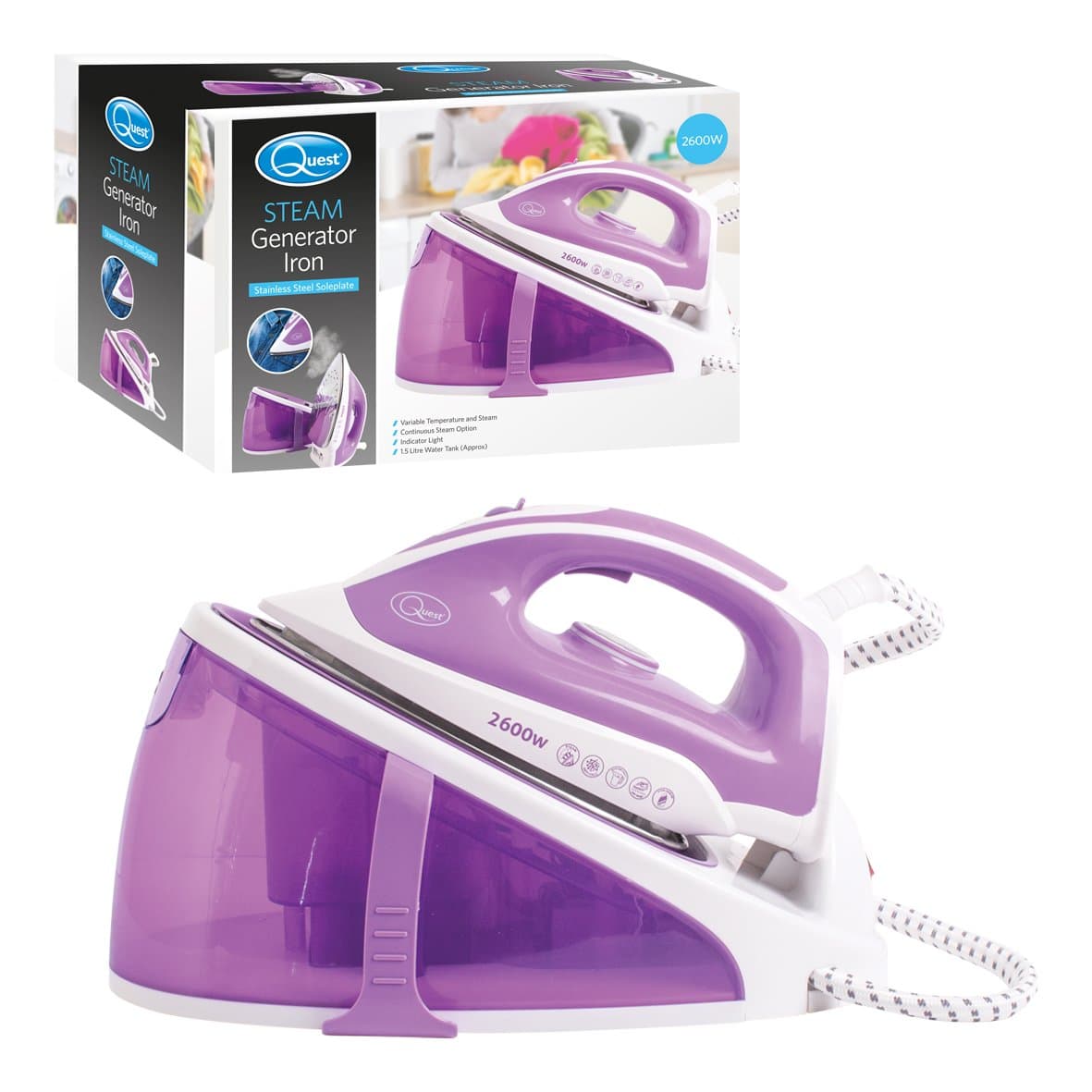 Quest 35470 Steam Generator Iron, 2600 W, 1.5 Litre, 3 Bar, Purple
