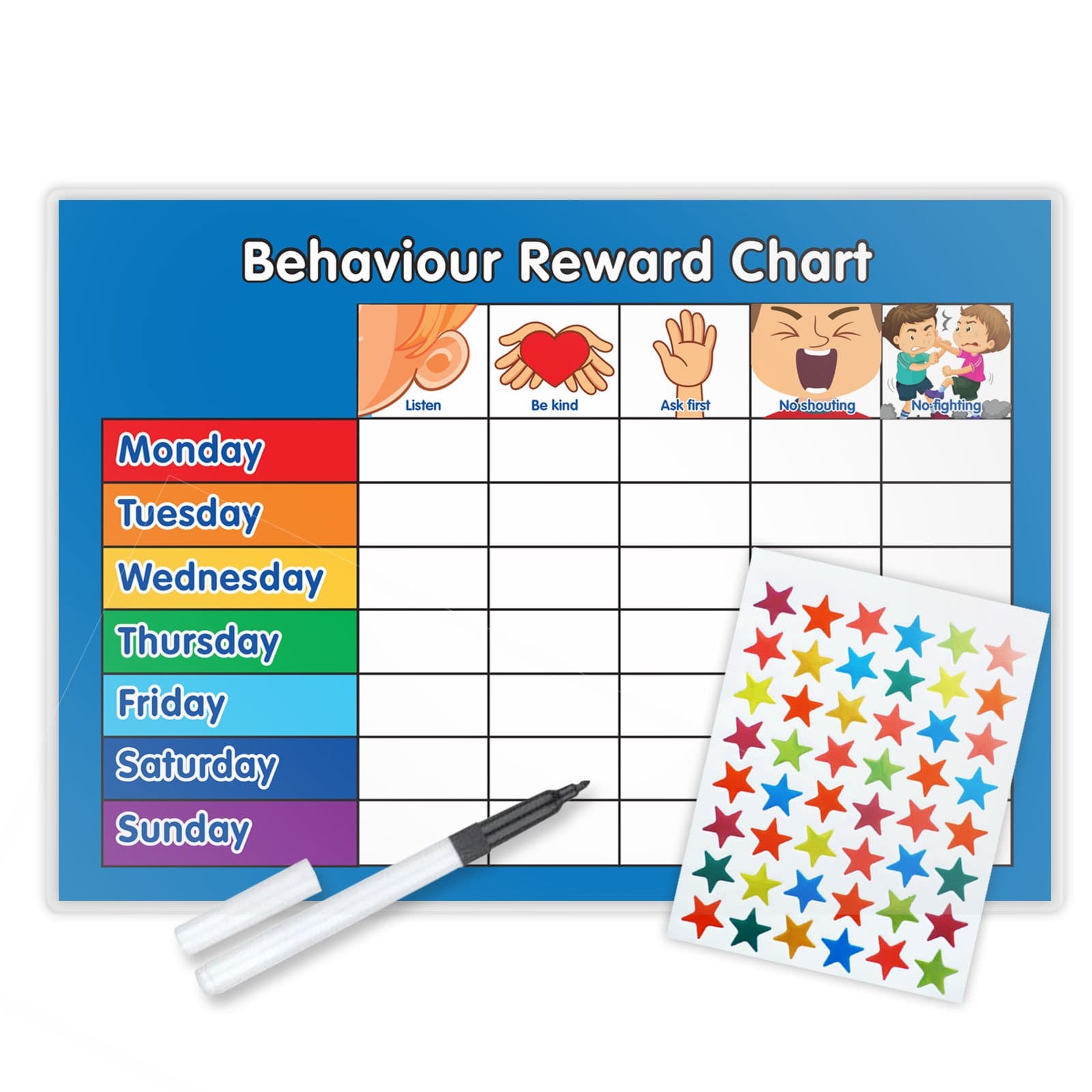 Reward Chart (A4, Blue) with FREE Star Stickers and Pen for Kids