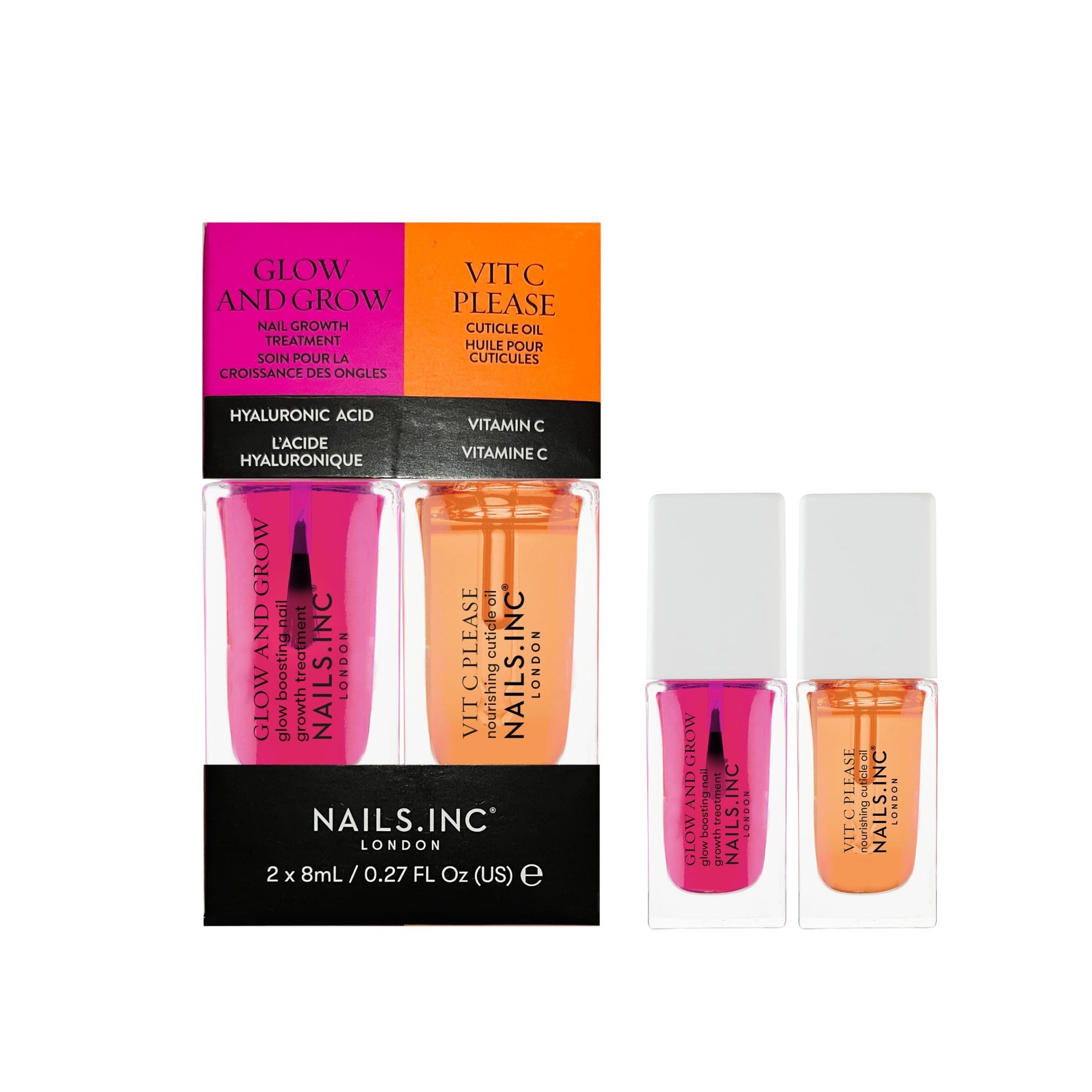 Nails.INC Mini Nail Treatment Duo, Includes Glow and Grow Nail Growth Treatment and Vit C Please Nourishing Cuticle Oil, With Active Skincare Ingredients to Promote Nail Health, Cruelty Free, Vegan