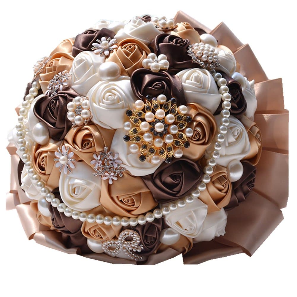 Rose Flower Wedding Bouquet Brooch Crystal Pearls Silk Bridal Flowers (Brown)
