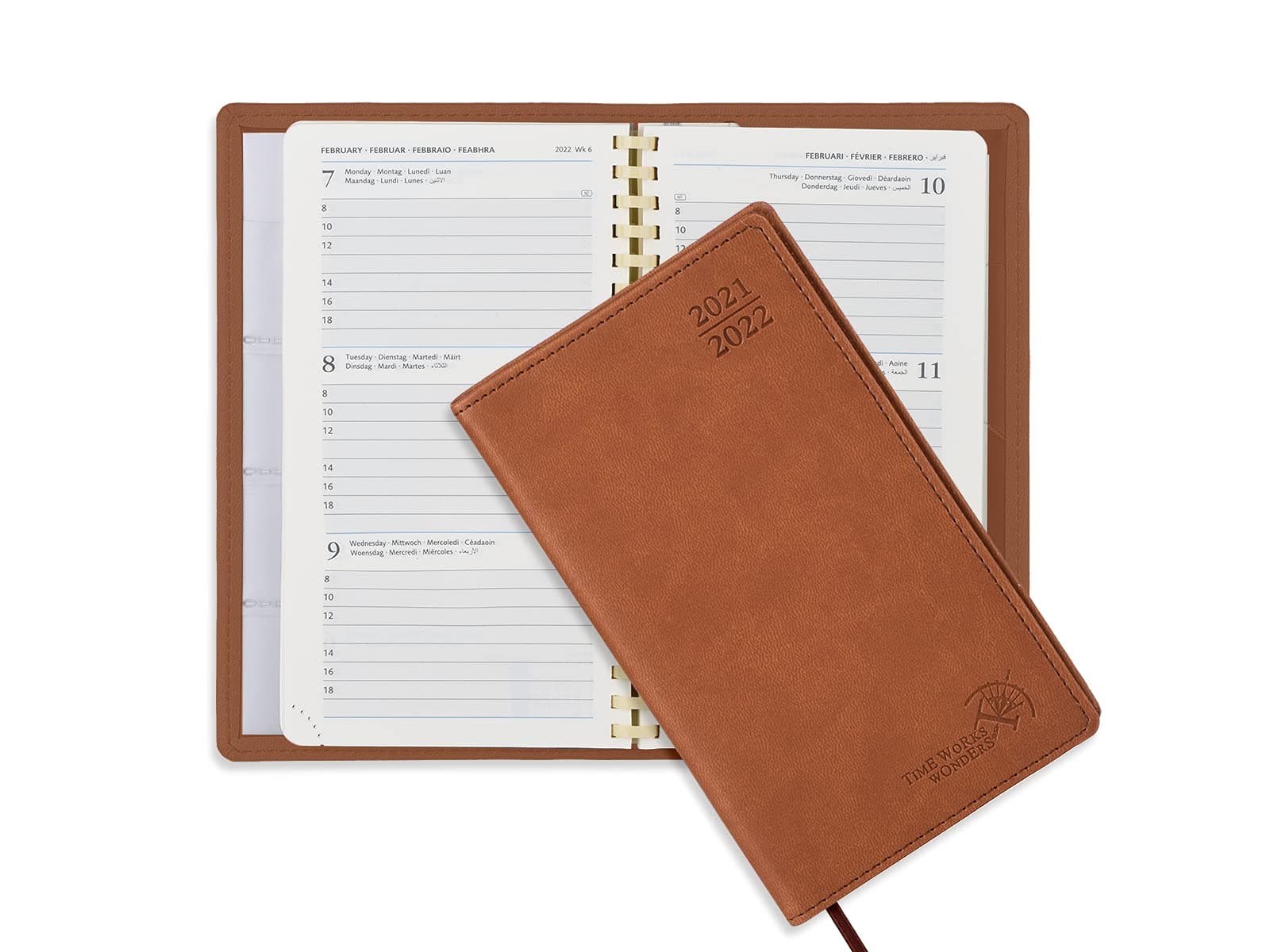 POPRUN Pocket Academic Diary 2021-2022 Week to View - Mid Year Planner Runs Aug'21 to Aug'22 - Vegan Leather Softcover, Contact & Dotted Note Pages - 17 x 10 cm, Brown