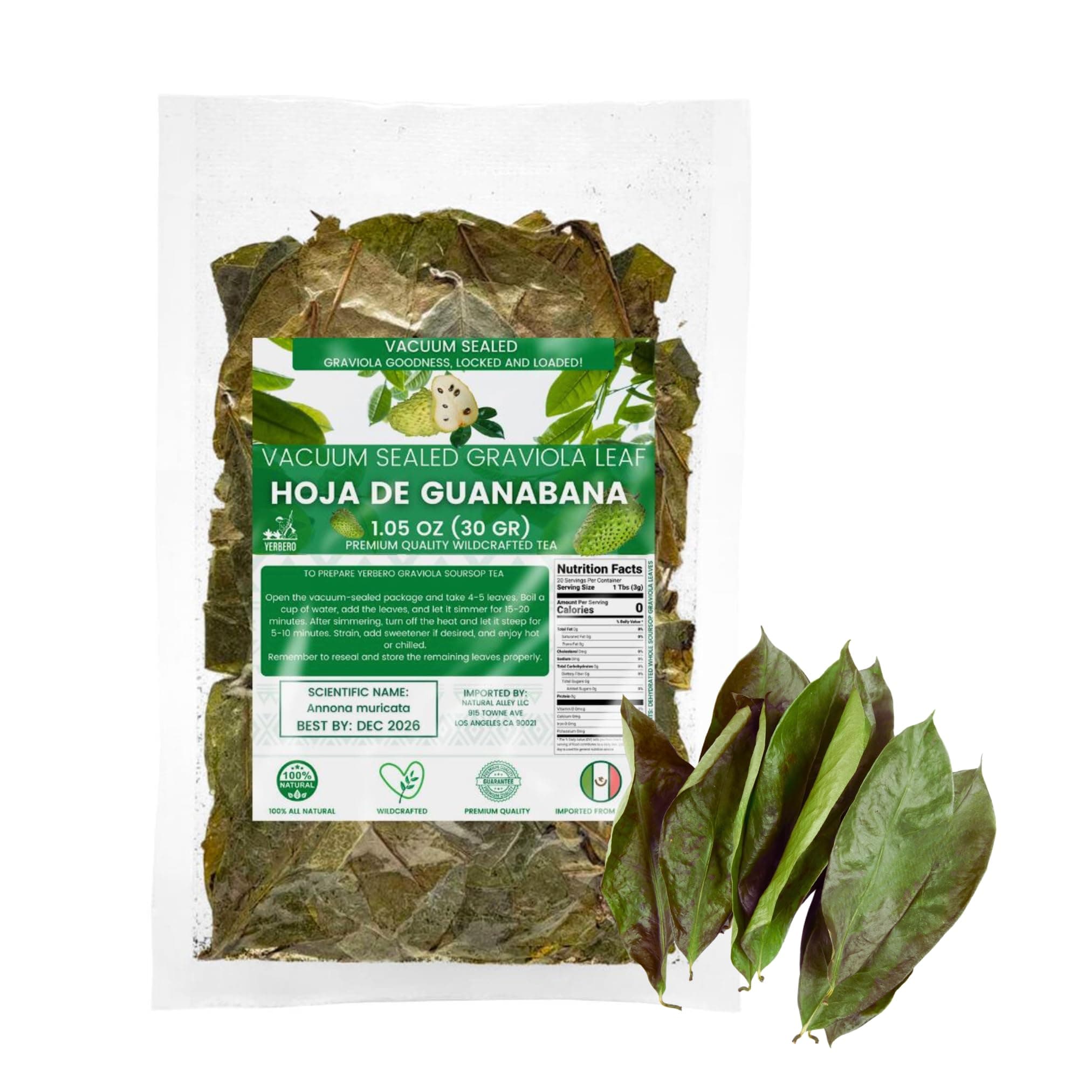 Yerbero - Whole Wildcrafted Dried Graviola Soursop Leaves 1.05oz (30g - 120+ Leaves Per Bag) Hoja De Guanabana Seca, Crafted By Nature | Vacuum Sealed for Freshness | From Mexico | Premium Quality.