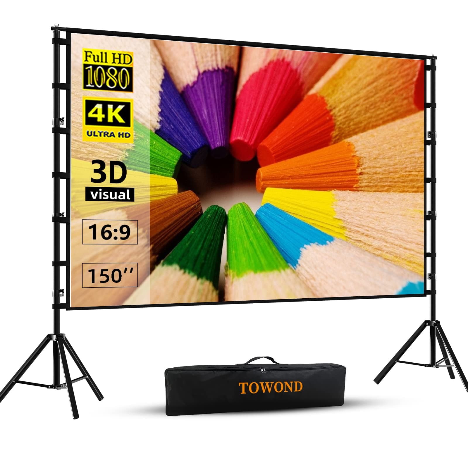 Projector Screen and Stand,Towond 150 inch Indoor Outdoor Projection Screen, Portable 16:9 4K HD Rear Front Movie Screen with Carry Bag Wrinkle-Free Design for Home Theater Backyard Cinema